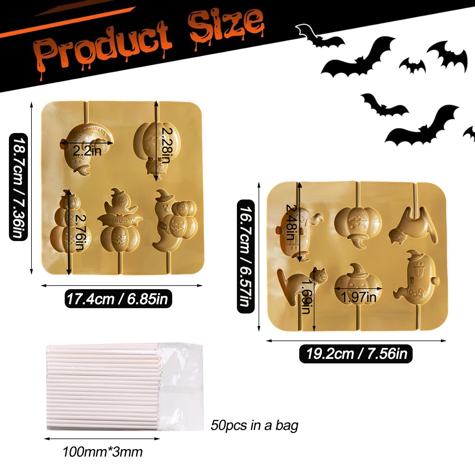 Halloween Silicone Candy Molds 2 Pack - Pumpkin, Ghost & Cat with Hat Chocolate Molds for Cake, Cupcake Decorations - Perfect for Halloween Parties, DIY Treats & Holiday Baking