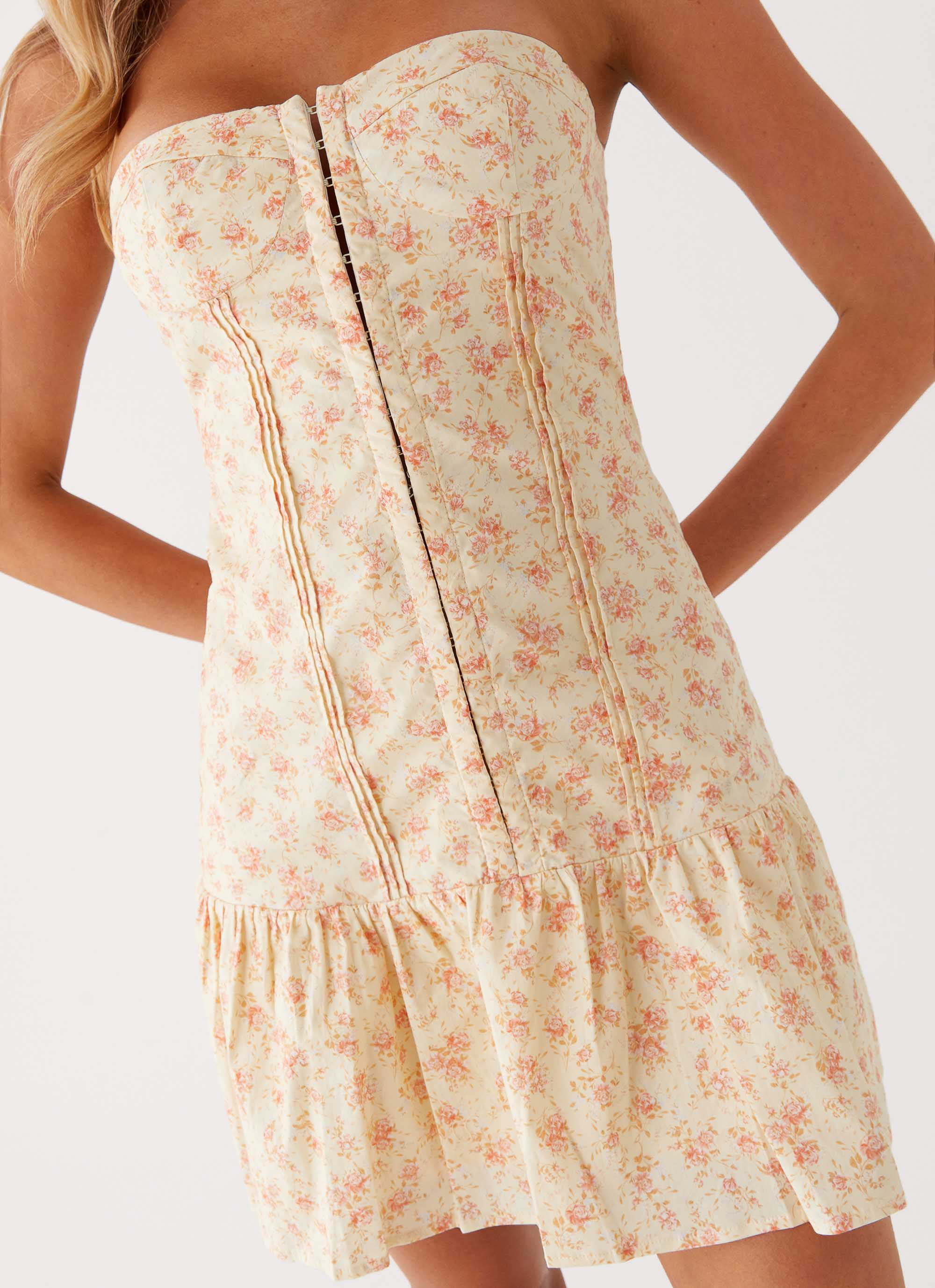 Bloomsbury Bustier Mini Dress - Yellow Ditsy Floral Print Summer Dress for Women | Perfect for Beach Vacation, Date Night & Cocktail Parties