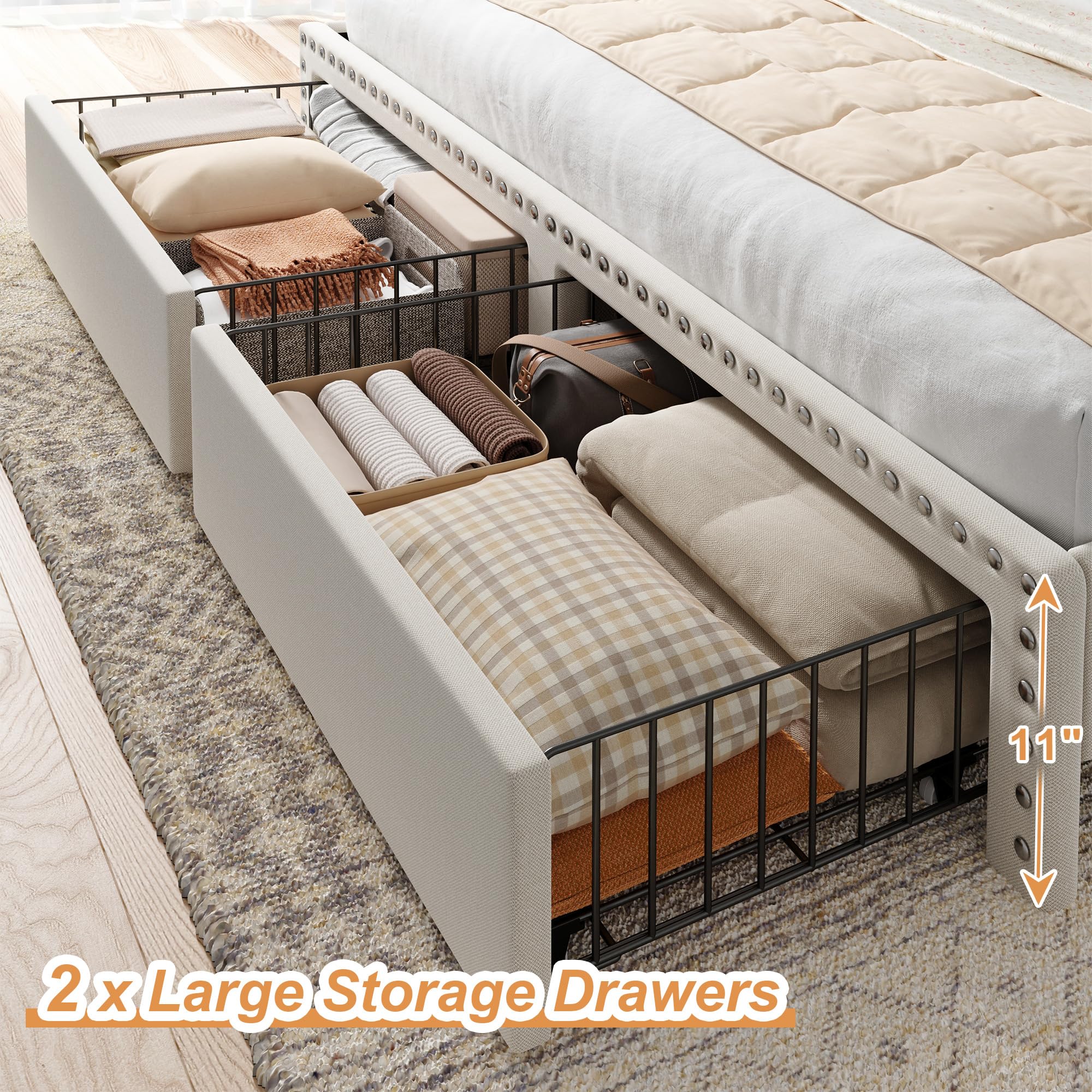 EnHomee King Size Bed Frame with 2-Tier Storage Headboard & 2 Drawers - Upholstered Platform Bed with Wooden Slats, No Box Spring Needed, Noise-Free - Perfect for Small Spaces & Modern Bedrooms (Beige)
