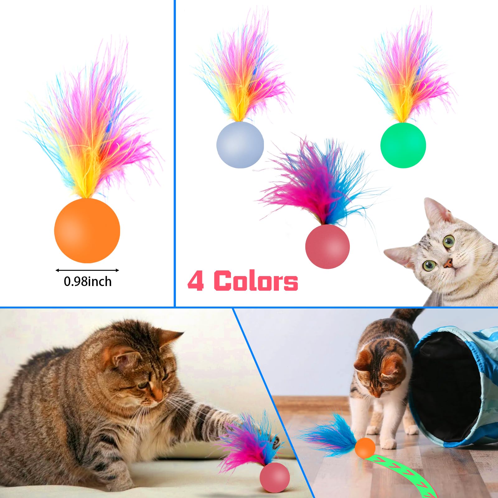SHENGSEN Feather Cat Toys - 4 Pack Bouncy Balls with Feathers for Kittens & Cats | Interactive Play, Exercise & Stress Relief | Perfect for Indoor Playtime & Pet Bonding