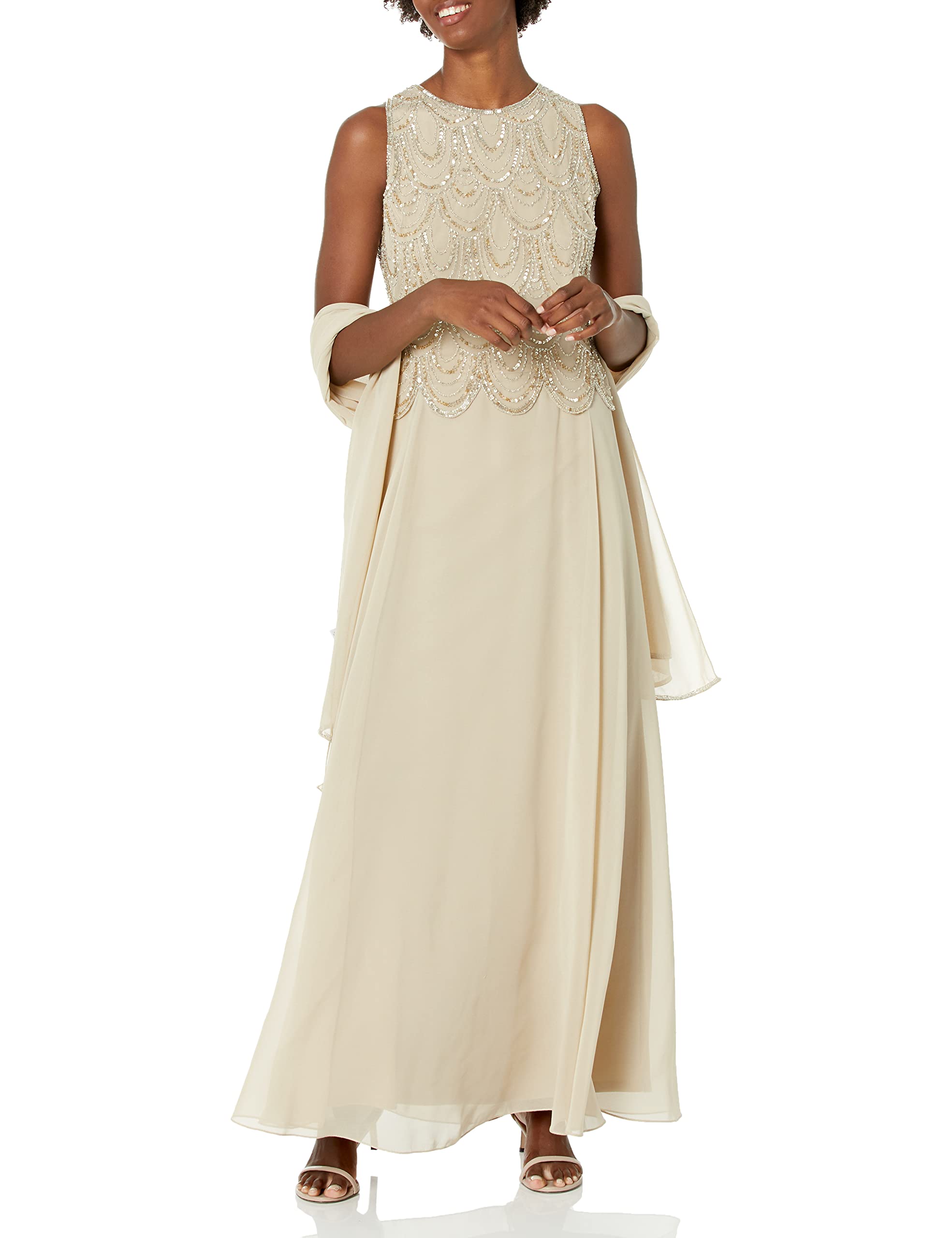 J Kara Women's Sleeveless Beaded Long Dress with Detachable Scarf - Elegant Summer Maxi Dress for Beach, Wedding & Special Occasions