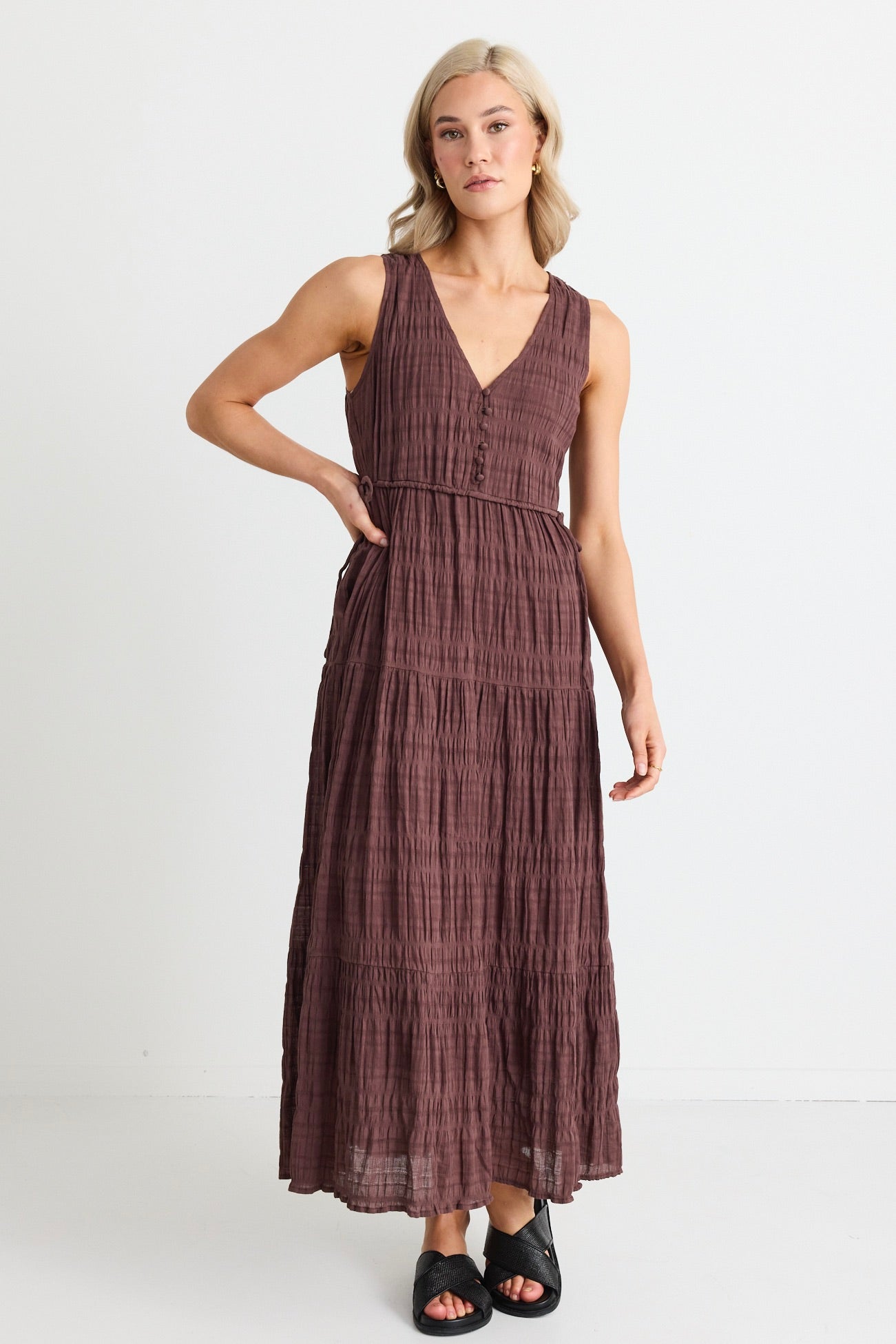Flora Chocolate V-Neck Tie-Front Sleeveless Tiered Maxi Dress for Women | Summer Beach Wedding Party Dress | Perfect for Vacations, Date Nights & Special Occasions