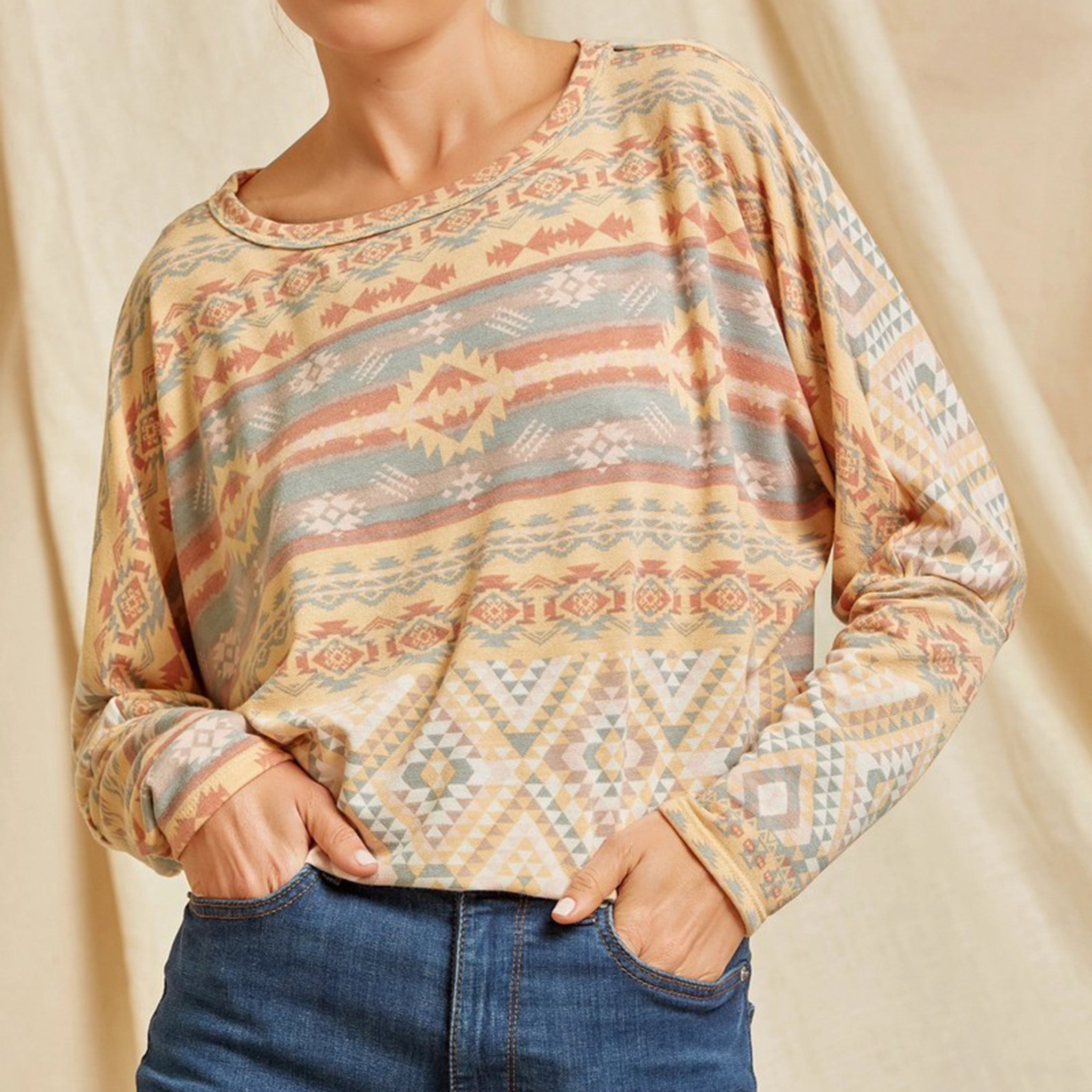 Andree Unit Women's Marigold and Blue Aztec Print Blouse - Stylish Boho Chic Tunic Top for Casual Wear, Beach Outfits & Summer Vacations