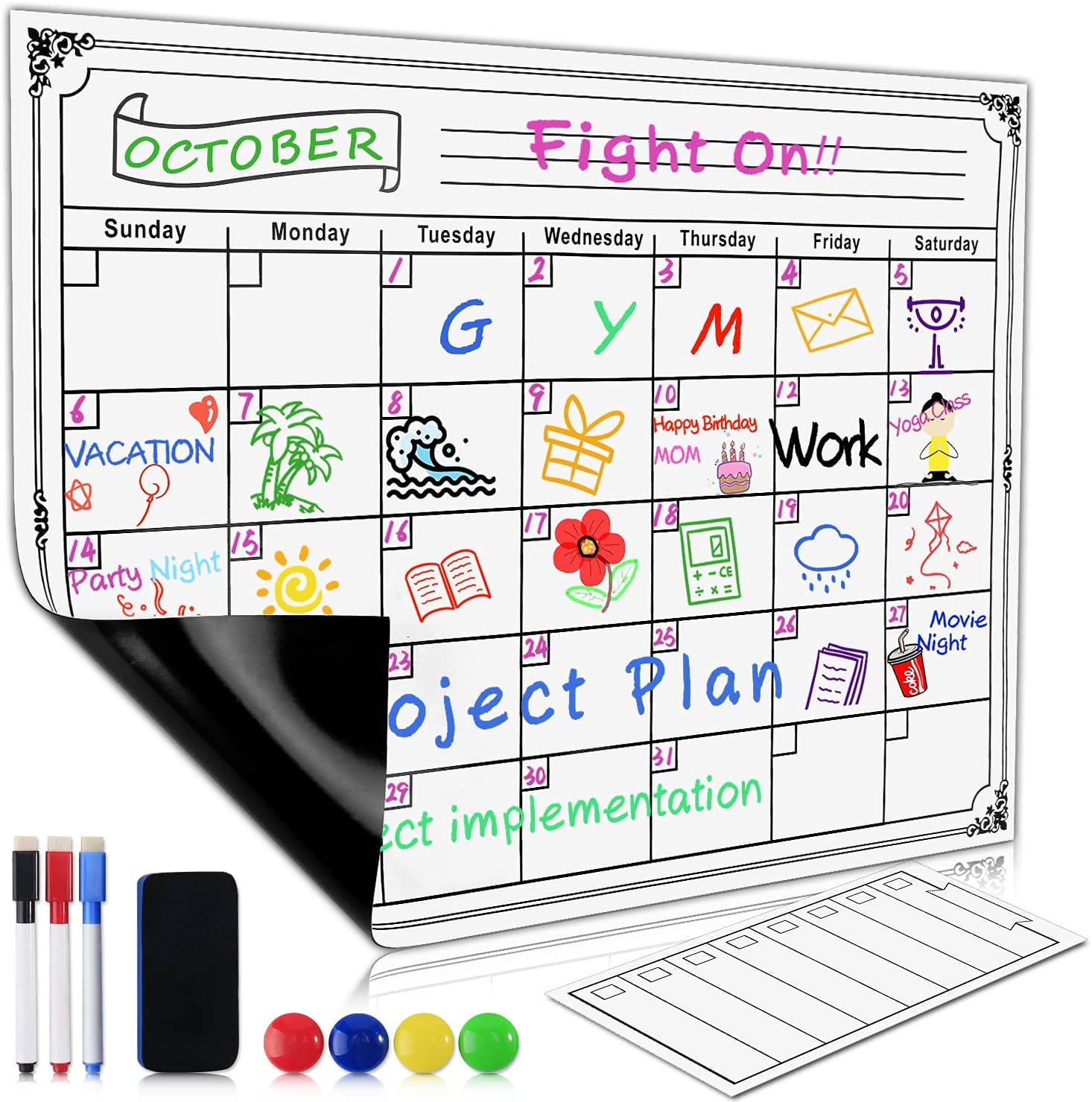 2025 Magnetic Refrigerator Calendar Whiteboard - Monthly Planner & Memo Board for Family Organization, Grocery Lists & Reminders (10-Piece Dry Erase Set) - Perfect for Kitchen, Office & Home Organization