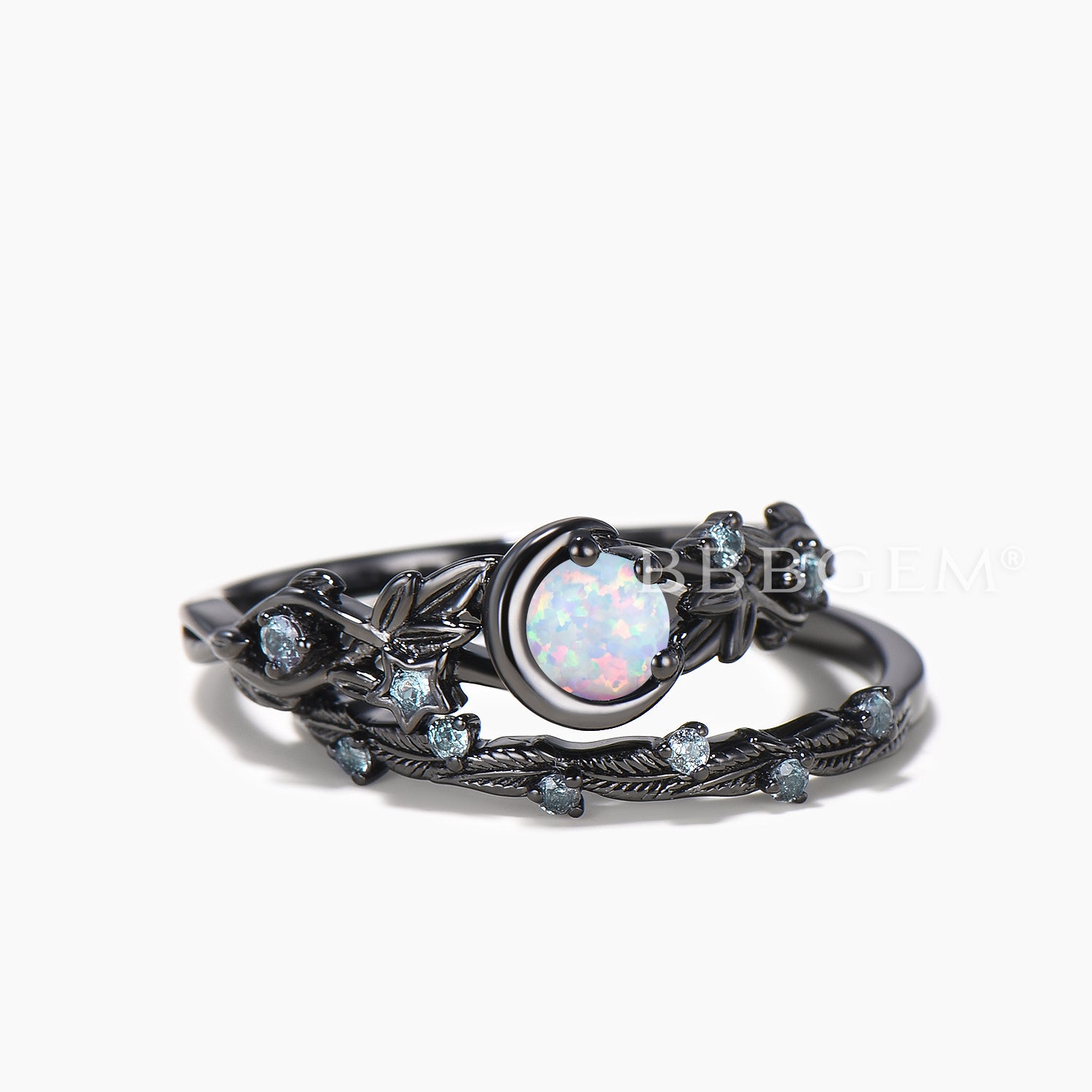 Natural White Opal & Alexandrite Moon Engagement Ring Set – Round Cut Bridal Jewelry for Wedding, Proposal & Anniversary Gifts