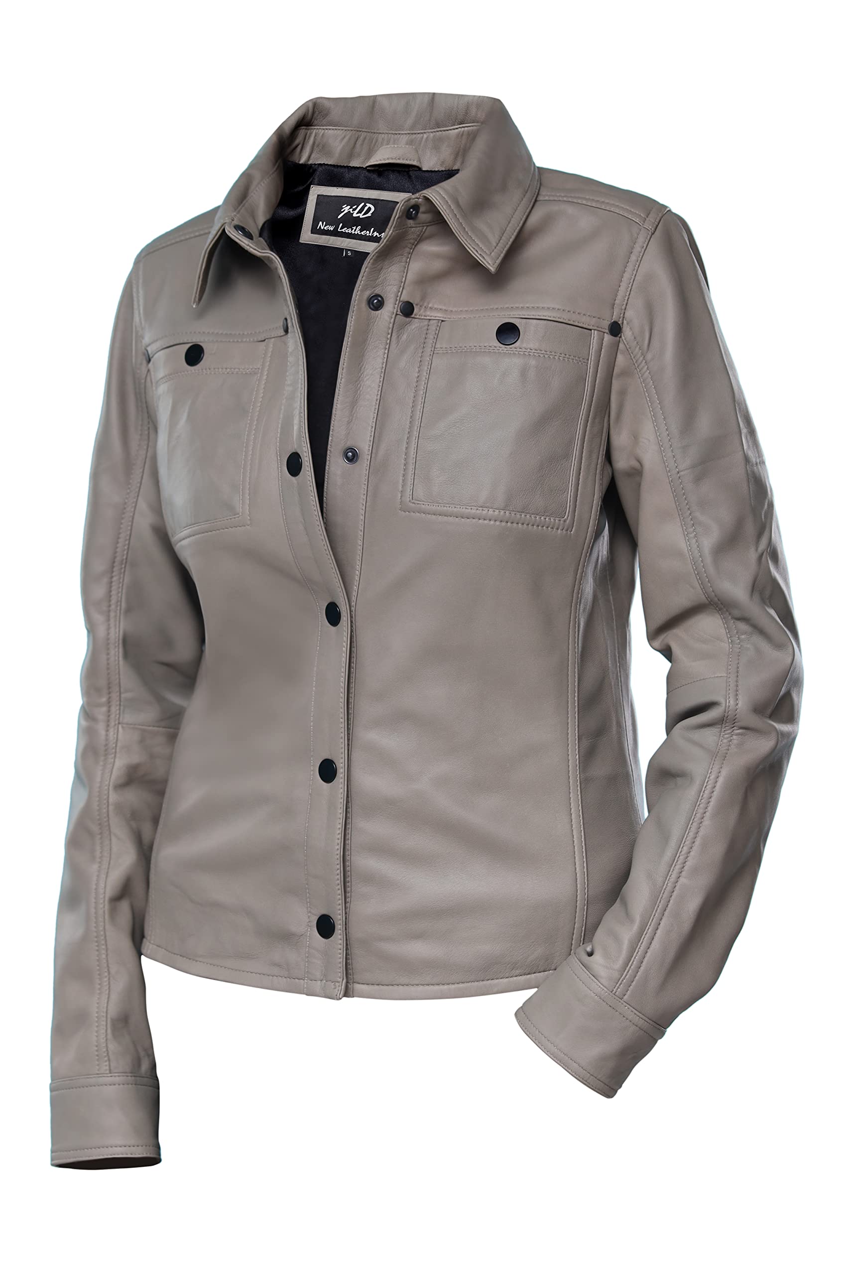 Jild Women's Button Front Lambskin Leather Jacket Shacket - Long Sleeve Casual Shirt Jacket with Bust Pocket | Perfect for Fall Layering, Date Nights & Office Wear
