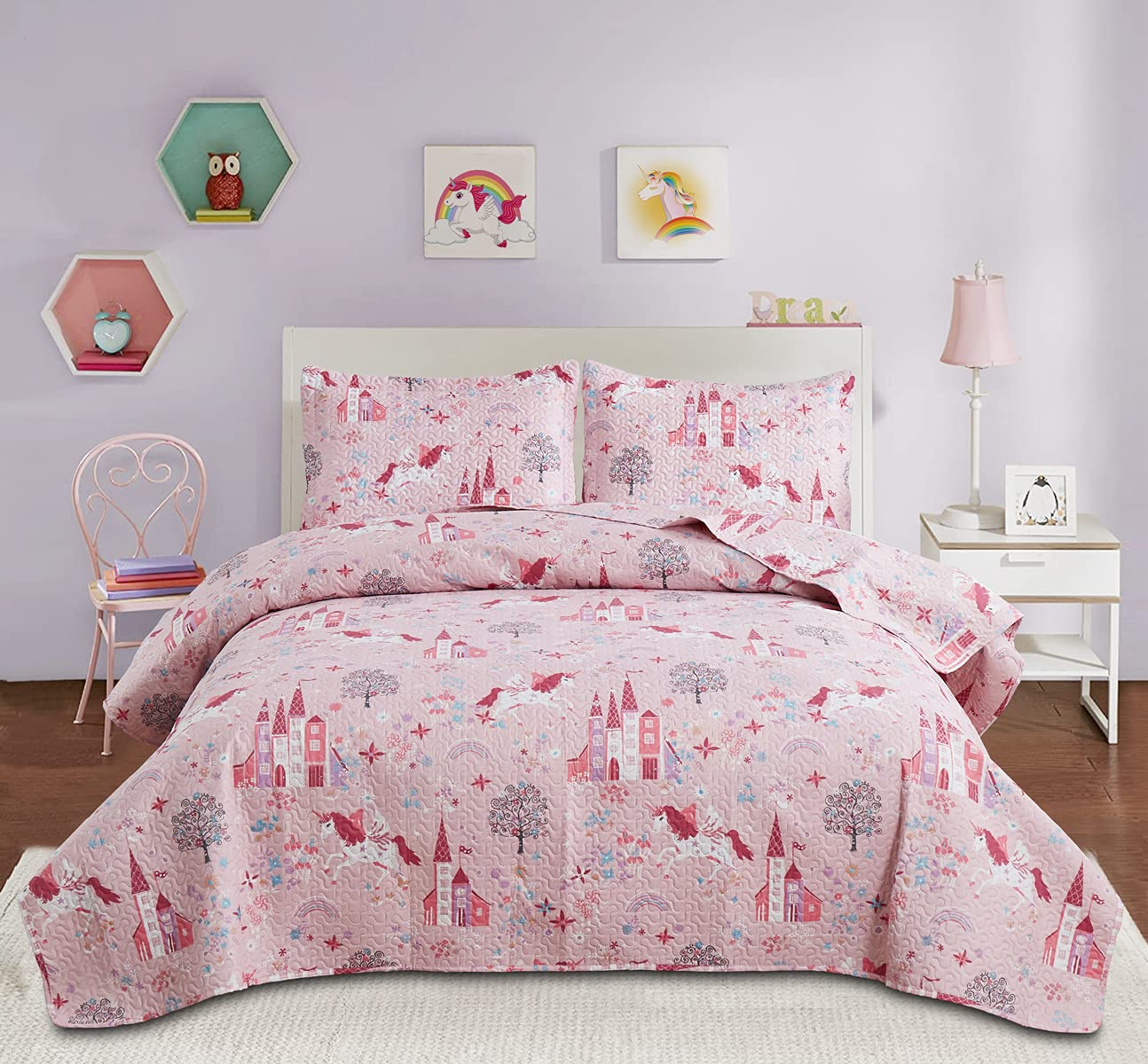 Unicorn Twin Size Quilt Set for Girls - Reversible Lightweight Bedspread, Soft Breathable Pink Quilt Coverlet for Summer | Perfect for Kids' Bedroom Decor, Sleepovers & Cozy Nap Time