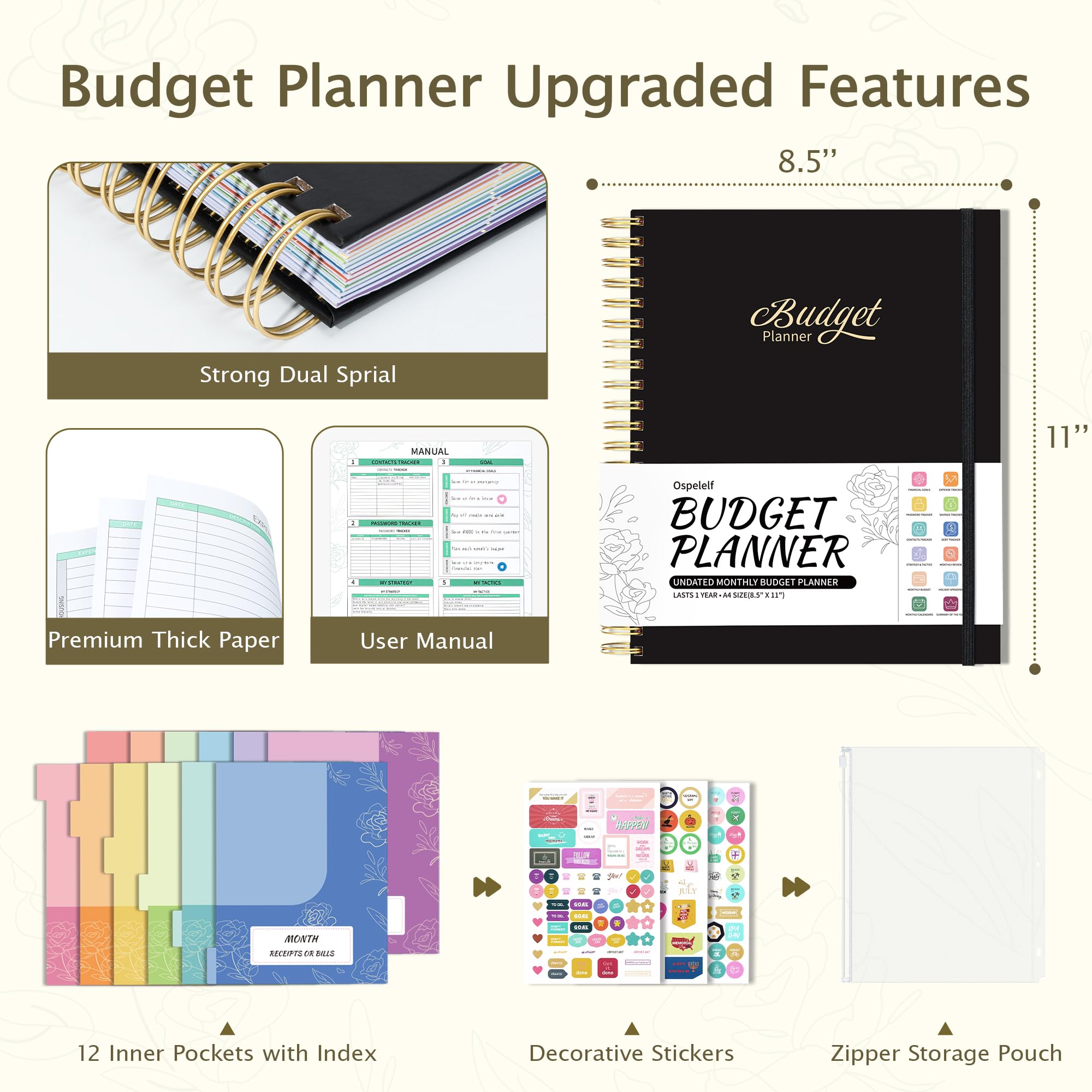 Ospelelf 2025 Budget Planner - Spiral Monthly Bill Organizer with Stickers, 8.5 x 11 Inch Undated Financial Planner | Expense Tracker Notebook with 12 Pockets & Zipper Pouch (Black) - Perfect for Personal Finance Management, Bill Tracking & Savings Goals