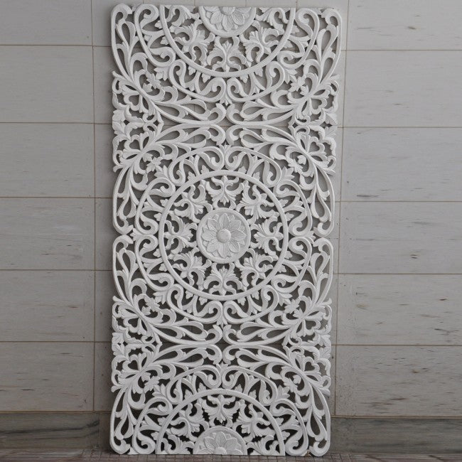 Handcrafted Dynasty Carved Wooden Wall Panel Headboard - White 1.8m Queen Size Bed Frame Accent - Perfect for Master Bedroom, Guest Room & Luxury Hotel Decor