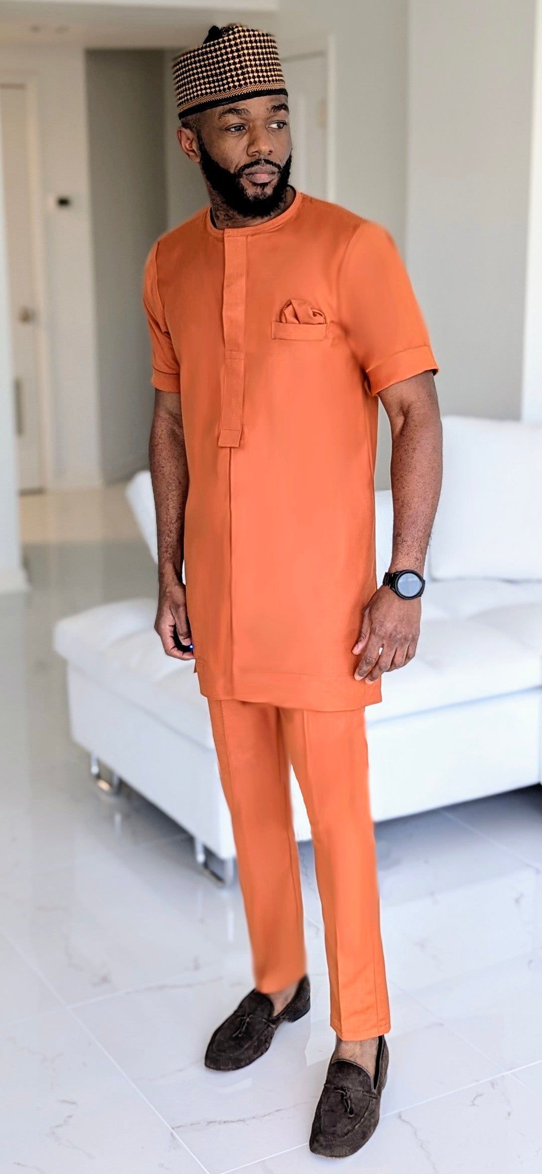 Dupsie's Danladi Burnt Orange Senator Dashiki Suit with Matching Slim Fit Pants - African Formal Wear for Weddings, Parties & Special Occasions DPASBO72