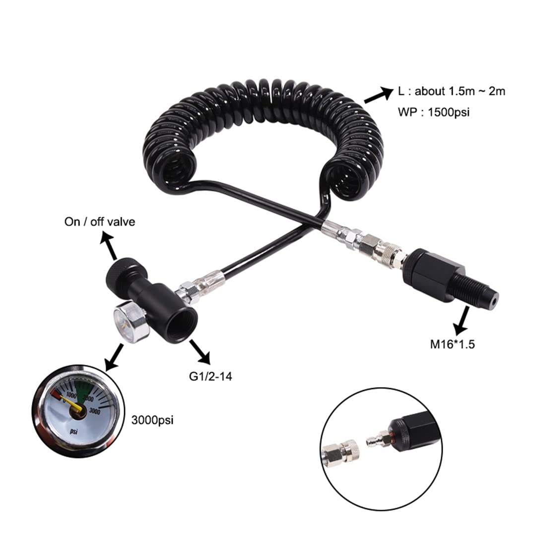Heavy Duty Paintball Air Coil Remote Hose Line with QD & 3000 PSI Gauge - High Pressure Black Air Hose for Paintball Guns - Perfect for Outdoor Games, Tournaments & Tactical Training