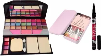 SmieTrz Kajal & 7-Piece Makeup Brush Set with Storage Box - Complete All-in-One Makeup Kit (3 Items) for Professional Makeup Application & Travel