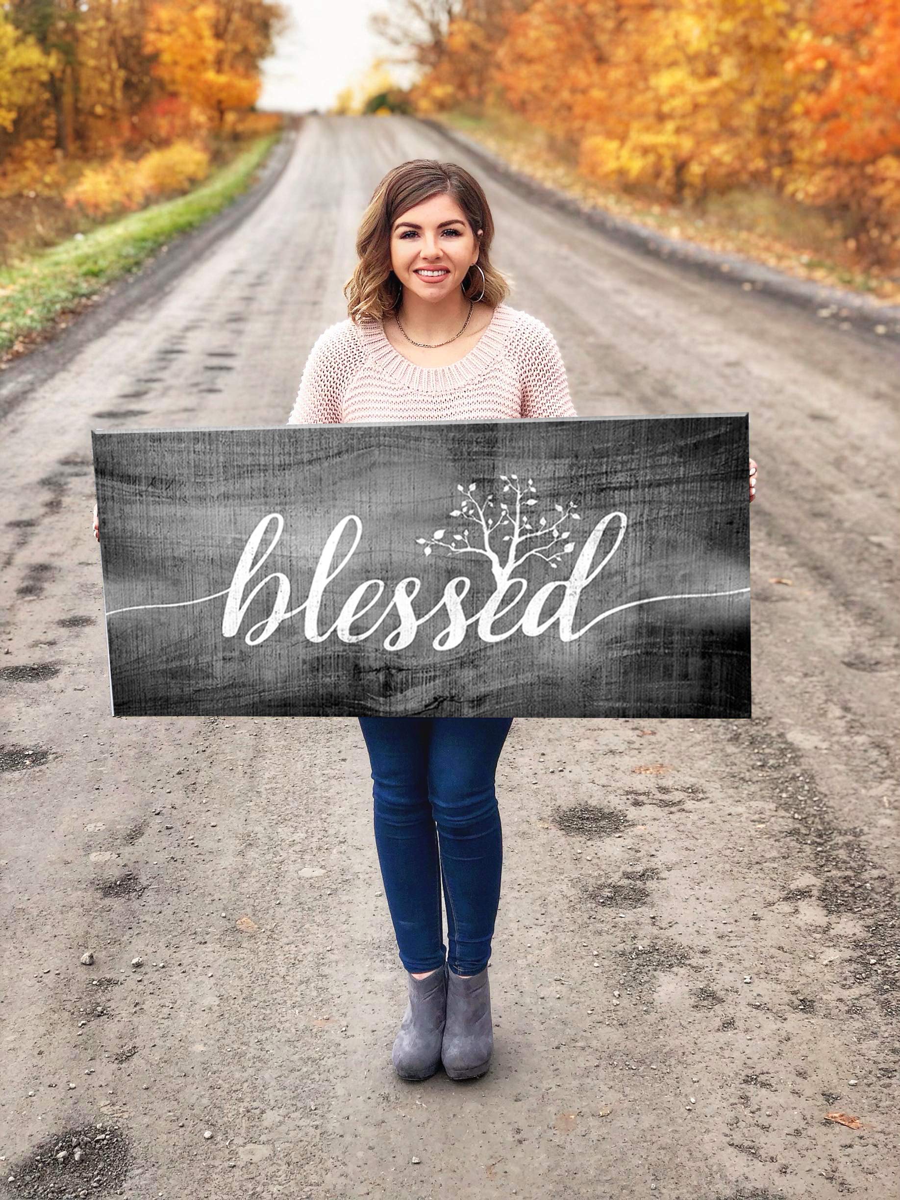 Christian Wall Art - Blessed Sign & Thankful Quotes Religious Home Decor | 60x27 Inch Grey Blessed Word Sign for Living Room, Bedroom & Church