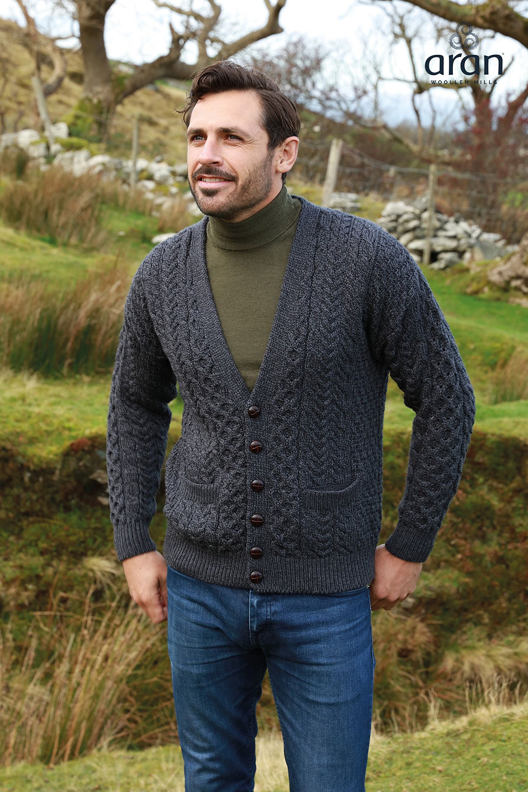 100% Merino Wool Irish Aran Sweater for Men - Premium Made in Ireland Cardigan (Charcoal, Medium) | Warm Winter Wear, Casual Office Outfit & Cozy Home Lounge