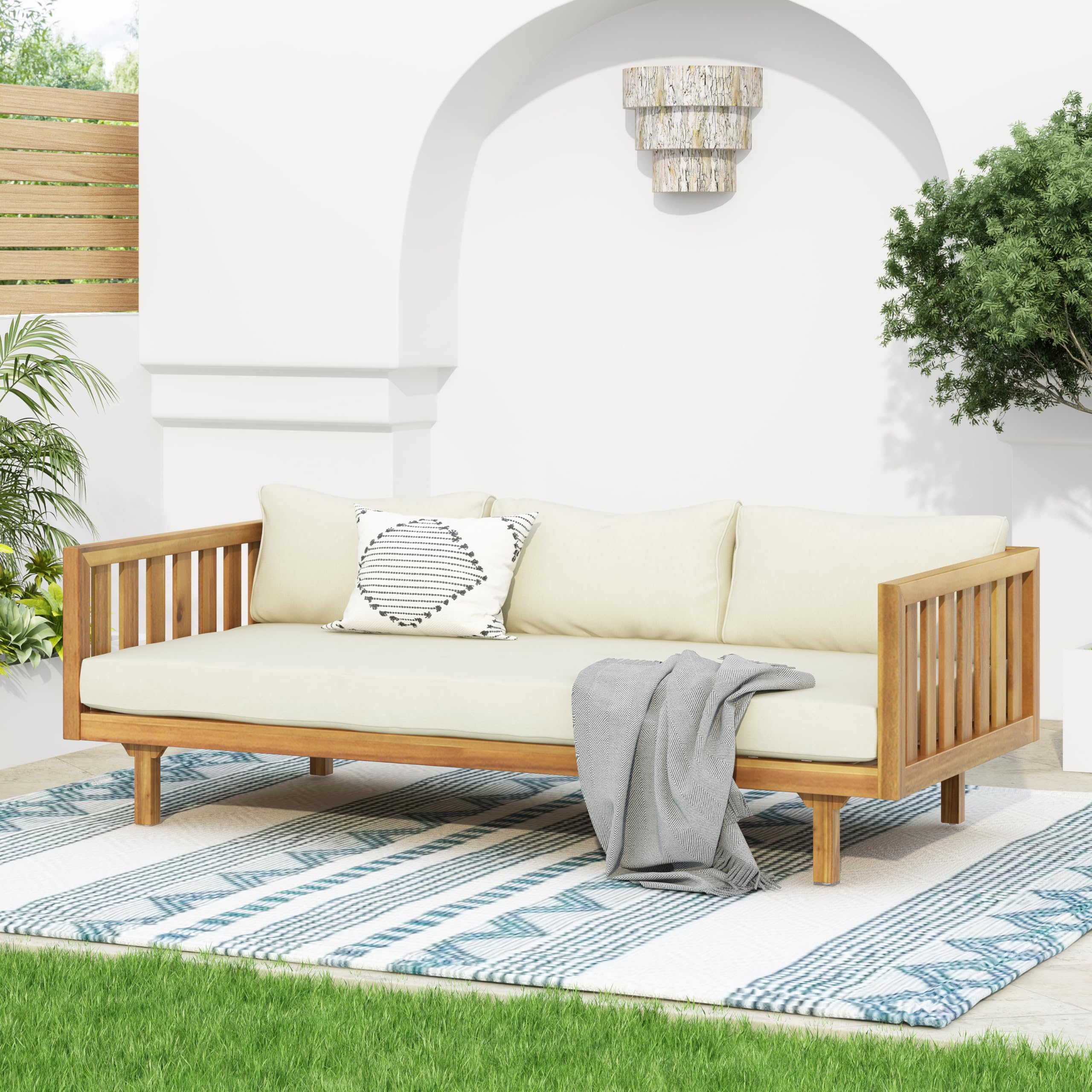 Modern 3-Seater Wooden Sofa Bed with Armrests - Waterproof Fabric Upholstery & Removable Cushions - Teak-Beige Outdoor Daybed for Garden, Patio, Balcony, or Indoor Living Room - Durable Teak Wood Frame for Relaxation and Entertaining