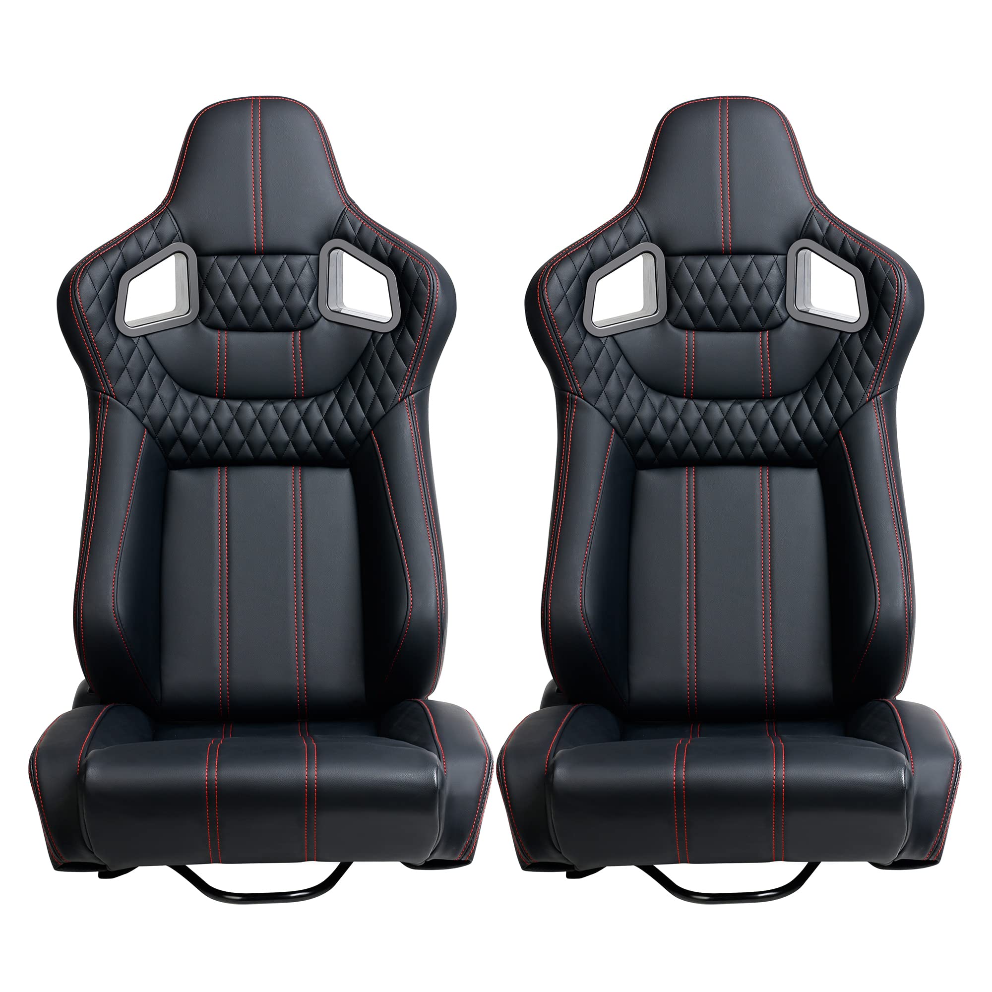 Premium Universal Racing Bucket Seats for Cars - 2PCS PVC Leather Reclinable Sports Seats with Dual Sliders (Black/Red Stitching) - Perfect for Track Racing, Drifting & Performance Driving