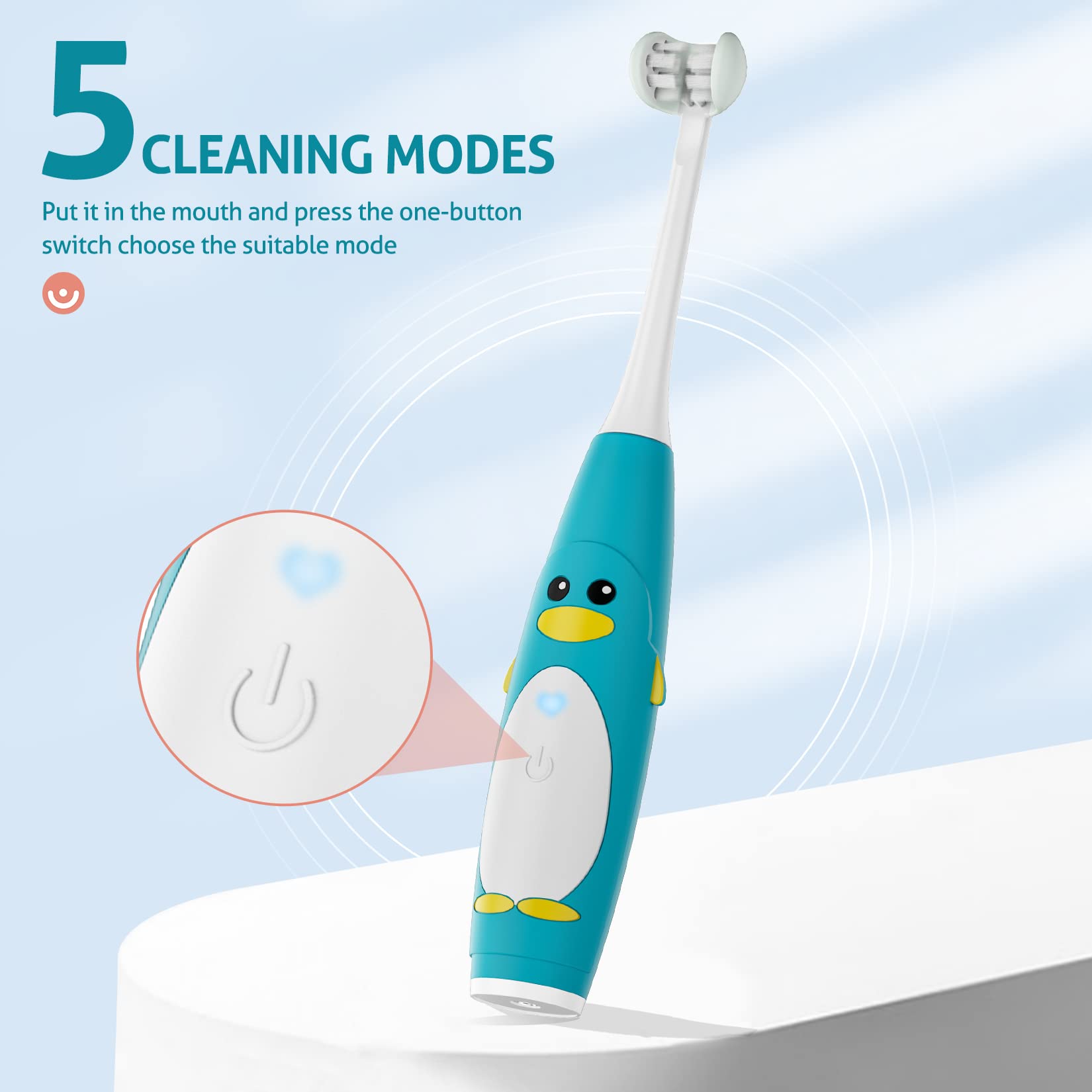 RAZOKO Kids Electric Toothbrush - 3-Sided Sonic Toothbrush for Toddlers with 2 Brush Heads, 5 Speed Modes & Smart Timer, IPX7 Waterproof, USB Rechargeable - Perfect for Children's Daily Oral Care & Travel