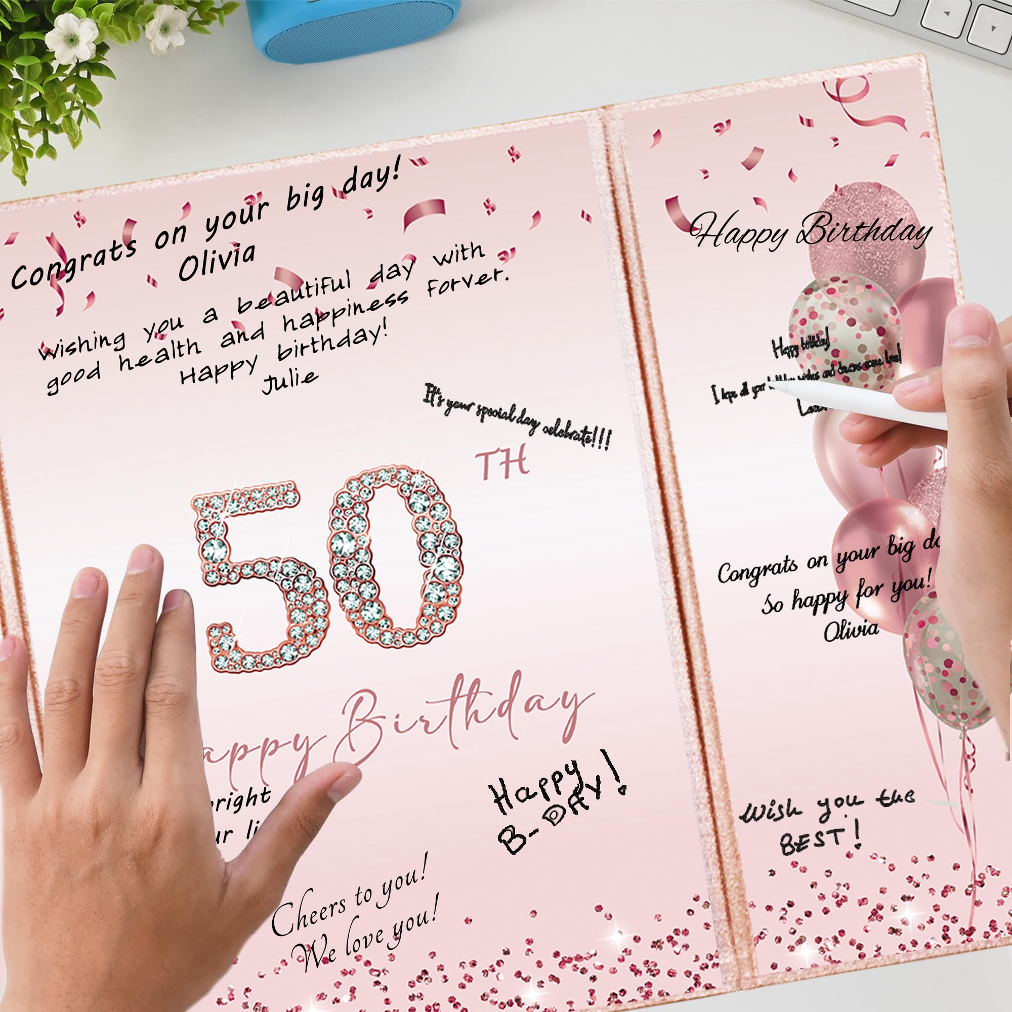 DARUNAXY Rose Gold 50th Birthday Party Decorations Set - Happy 50th Birthday Guest Book Alternative for Women, Pink Cheers to 50 Years Signing Board - Perfect for Milestone Celebrations, Retirement Parties & Anniversary Gifts