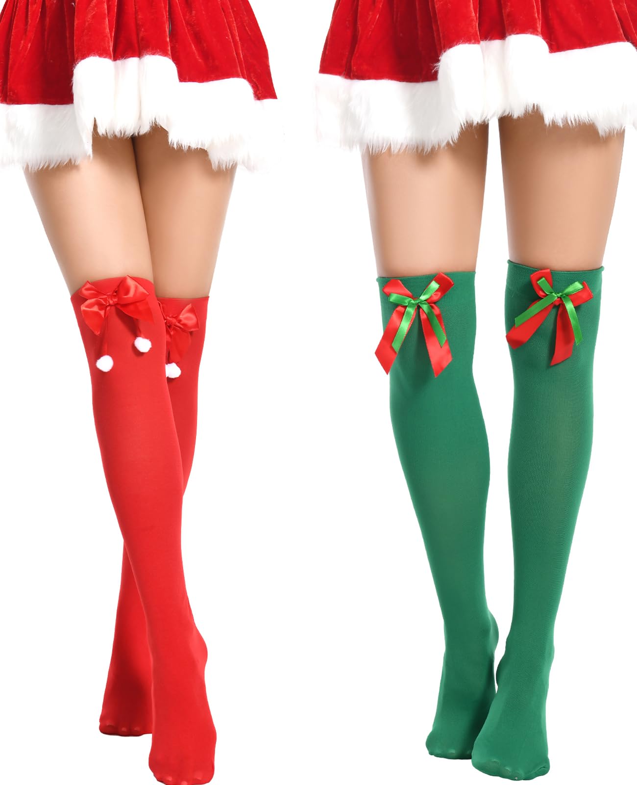 **Women's Striped Thigh High Socks with Bows - Christmas Over the Knee Stockings (Pack of 2) - Perfect for Holiday Parties & Festive Outfits**