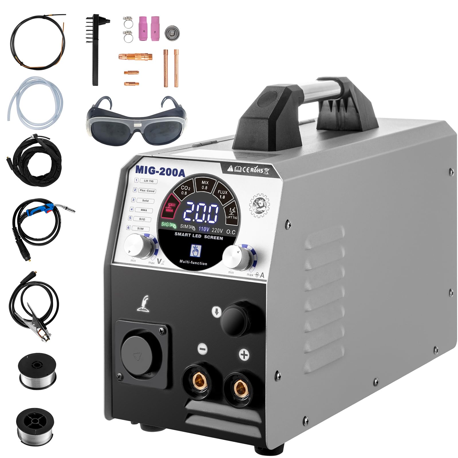 VEVOR 200A MIG TIG MMA Welding Machine 6-in-1 Combo - 110V/220V Dual Voltage Aluminum Welder with Automatic Wire Feeding (0.68-1.0mm) & 1KG Flux Core Wire - Portable Stick Welder for Home, Garage & DIY Metal Projects