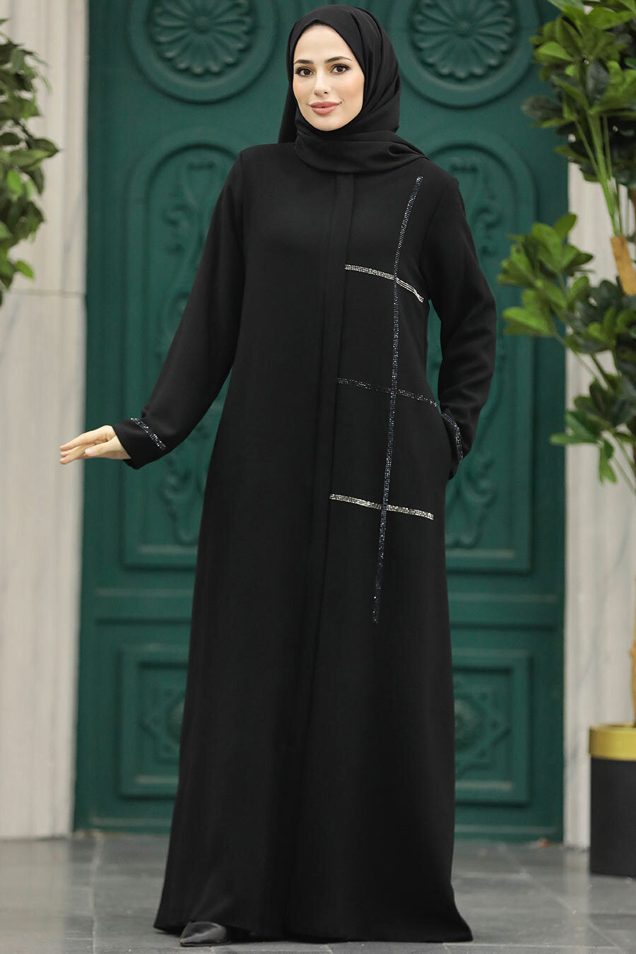 Aziza Long Black Abaya with Side Pockets & Elegant Details - Modest Islamic Dress for Women | Perfect for Prayer, Mosque & Special Occasions
