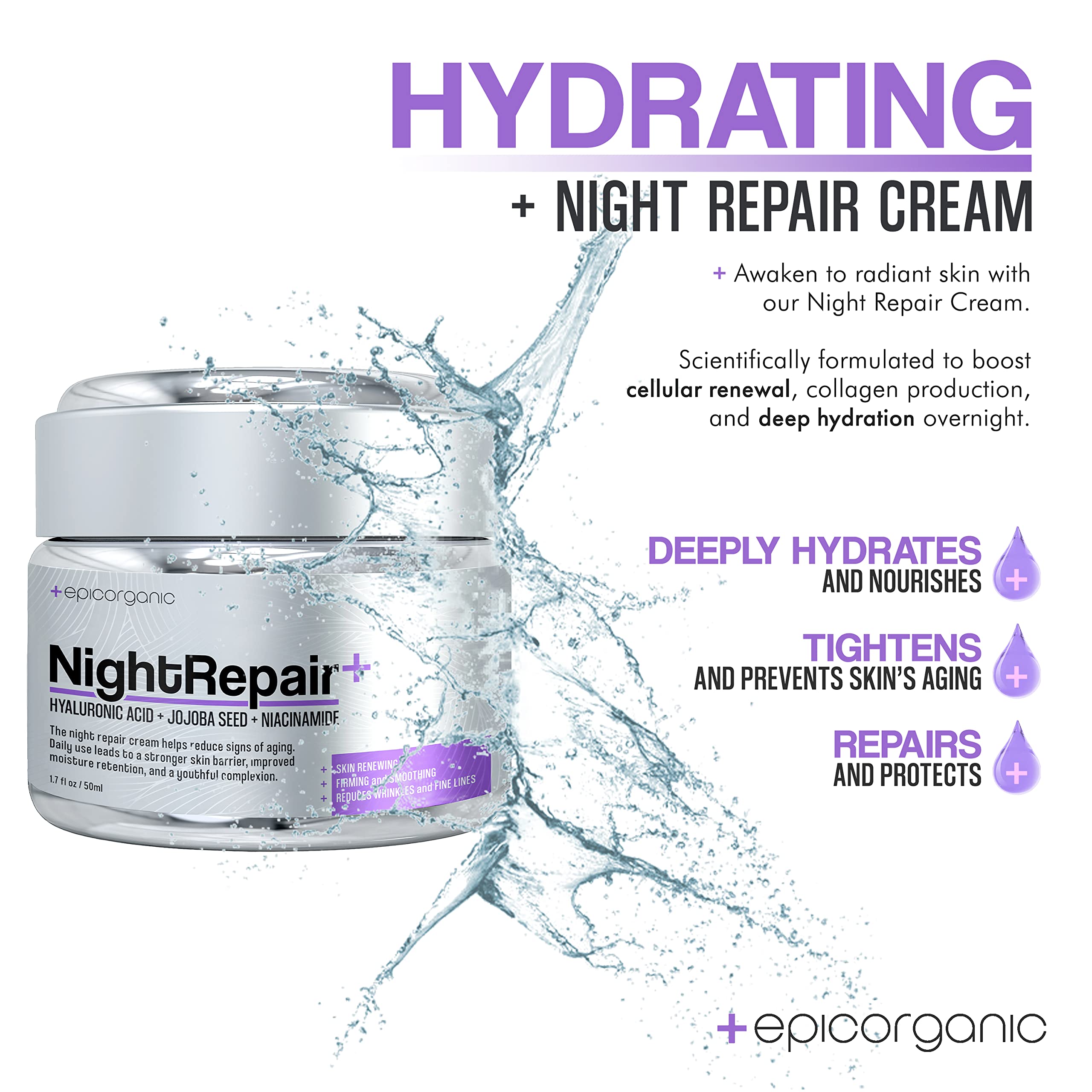 Epic Organic Night Repair Cream - Anti Wrinkle & Anti Aging Night Cream for Women with Hyaluronic Acid & Collagen | Deep Moisturizing Face Cream for Day & Night Use | 1.7 oz | Perfect for Dry Skin & Fine Lines Reduction Before Bed