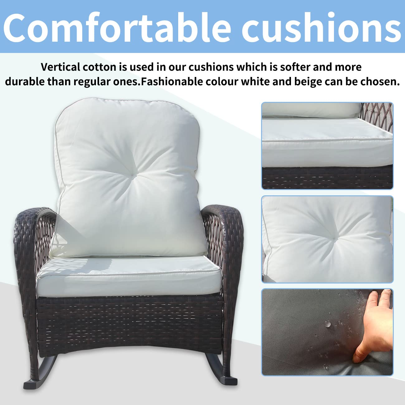 2 Pack PE Rattan Rocking Chairs with White Cushions - Modern Wicker Patio Furniture Set for Outdoor & Indoor Use - Comfortable Garden Rocker for Porch, Deck, Poolside & Living Room Relaxation
