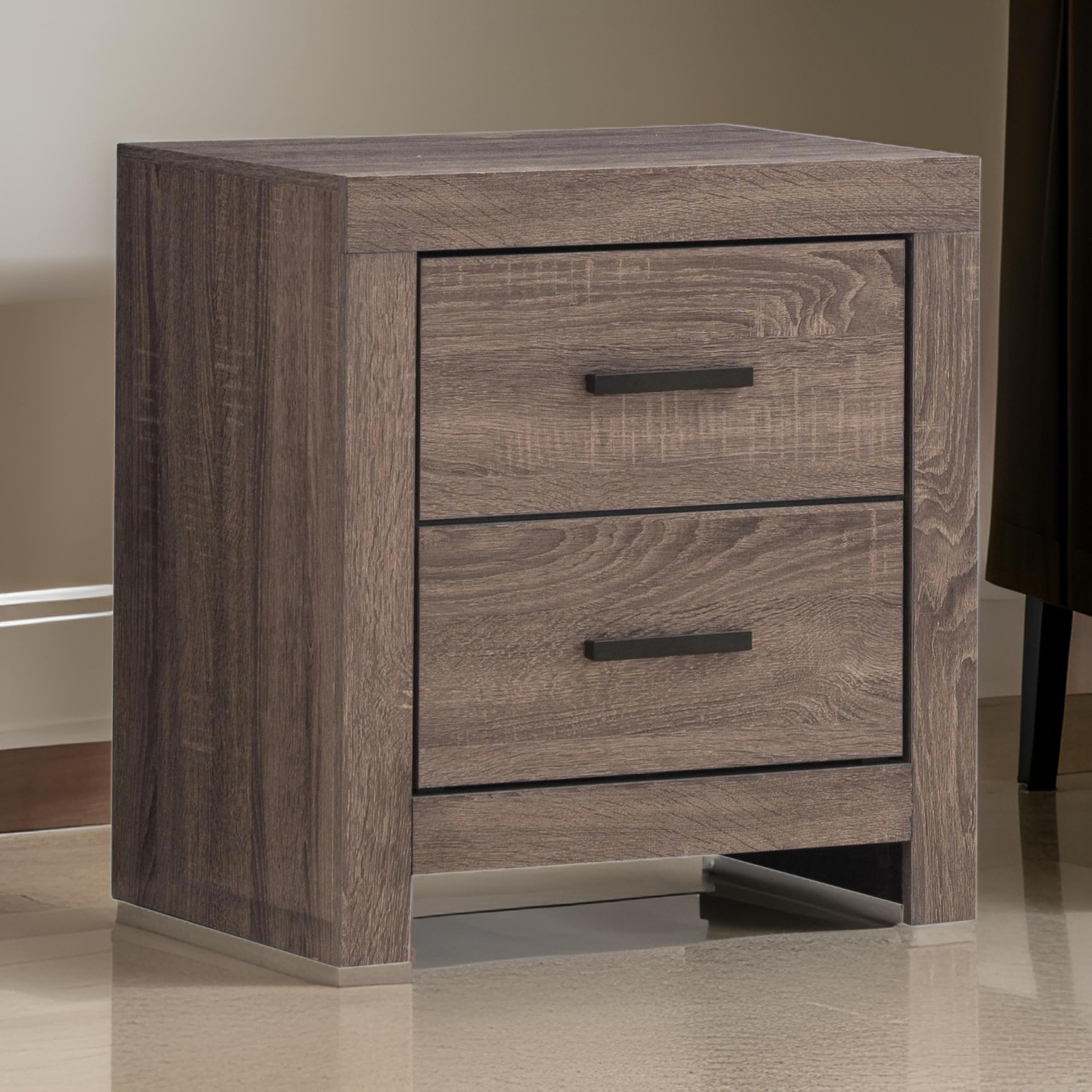 Benjara BM242646 2-Drawer Nightstand with Metal Bar Pulls - Brown Wooden Bedside Table for Bedroom, Living Room, or Guest Room