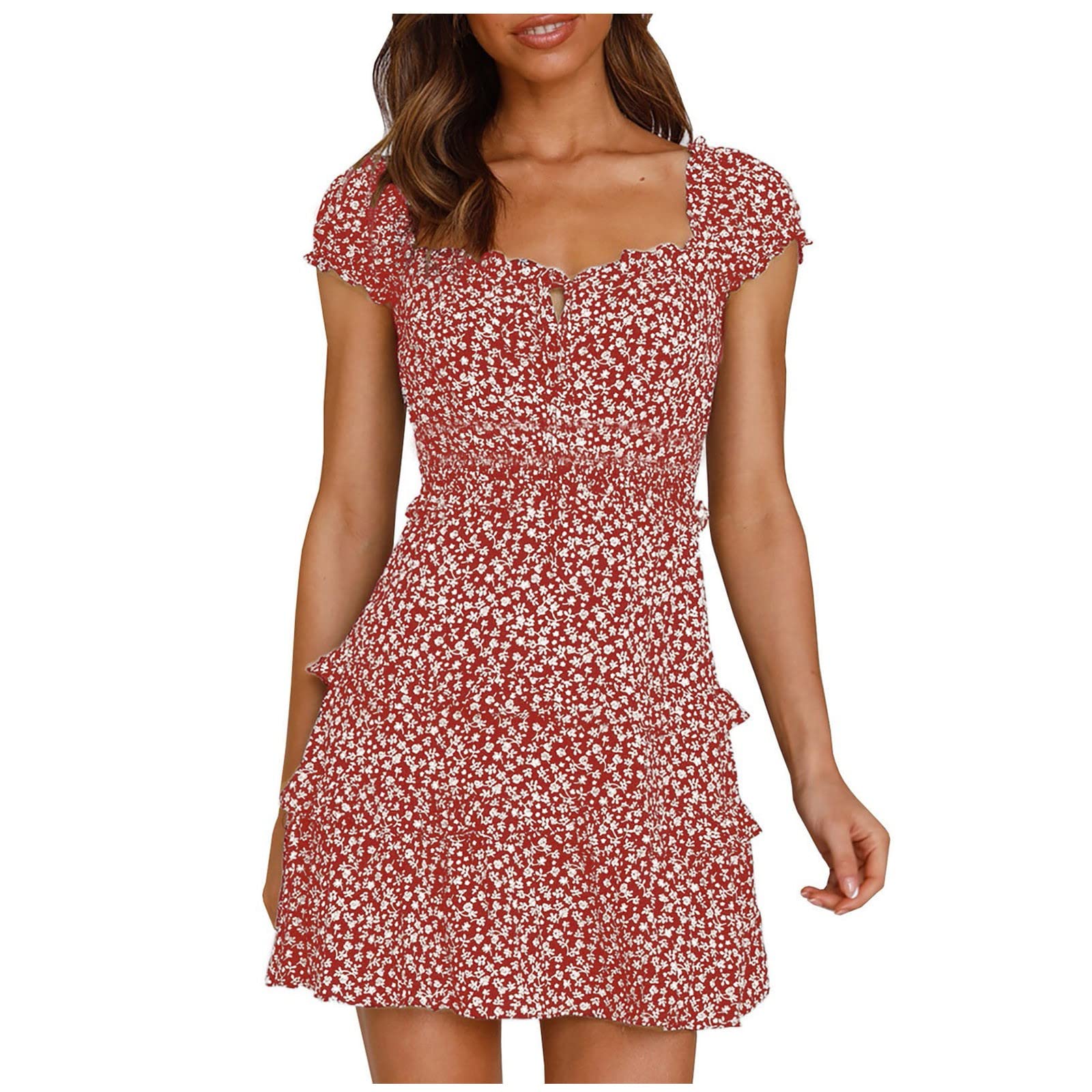 **Women's Casual Short Sleeve Ruffle Boho Dress - Empire Waist Elegant & Sexy Sundress for Summer, Beach, Party & Club Wear**