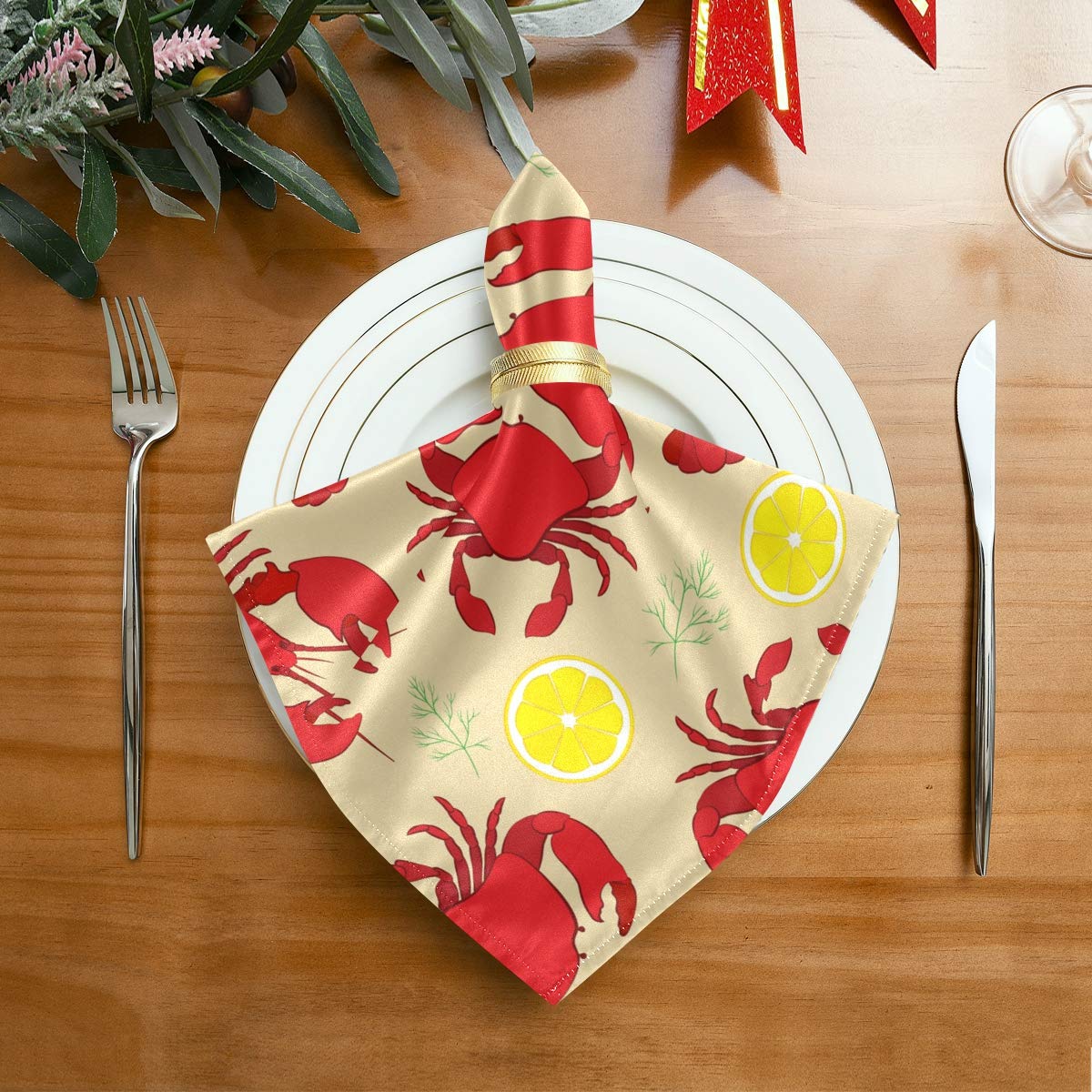 Lemon Crawfish Pattern Washable Polyester Cloth Napkins - Set of 6 (20x20 Inch) - Perfect for Wedding Decor, Party Supplies, Holiday Dinner Table Setting & Cajun Seafood Themed Events