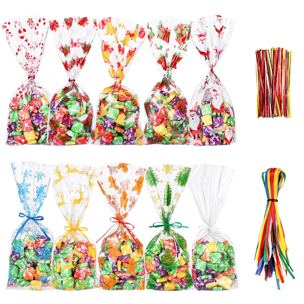 120pcs Christmas Candy Bags with Twist Ties - Lightweight OPP Gift Bags for Holiday Treats, Party Favors & Stocking Stuffers - Perfect for Christmas Celebrations, Office Gifts & Classroom Treats