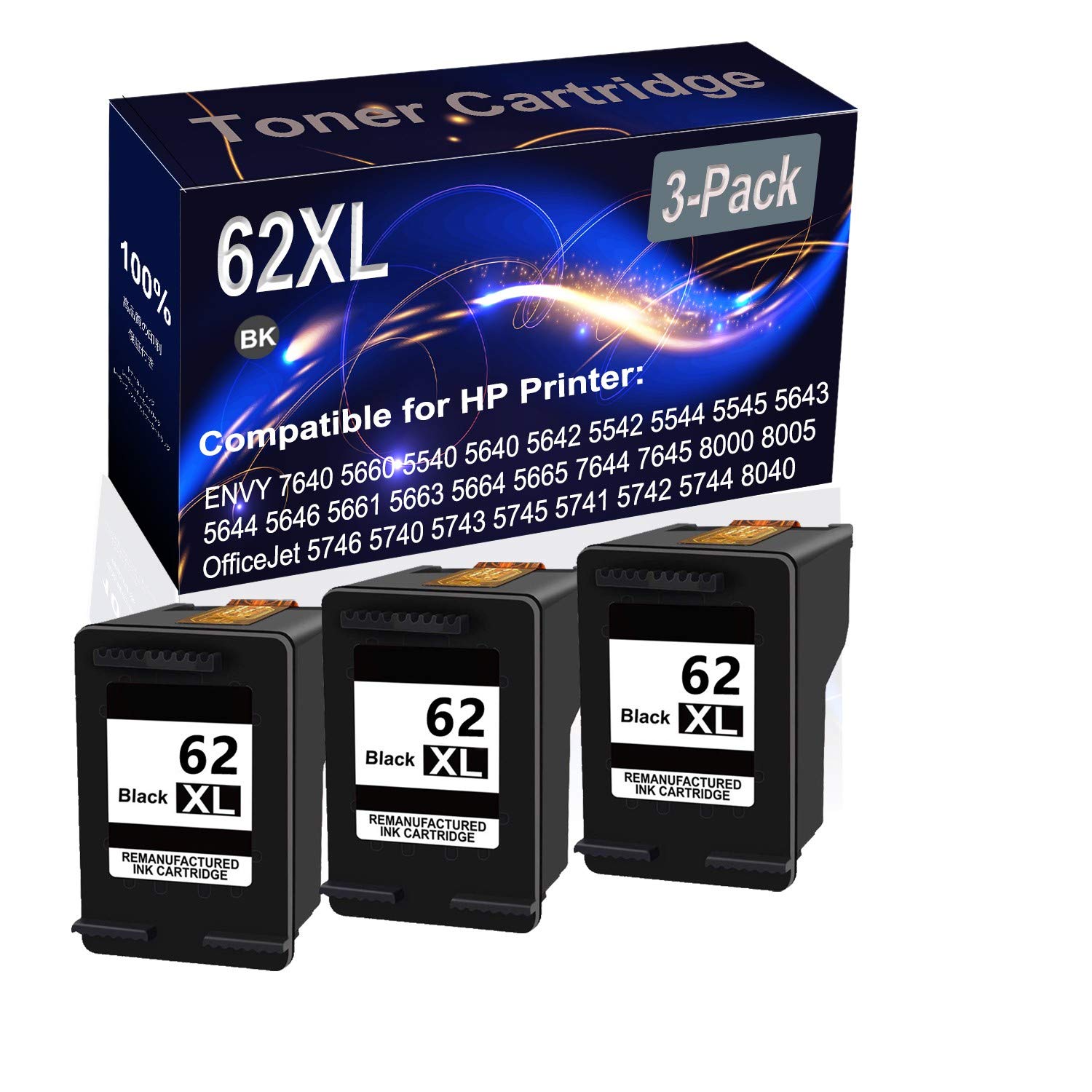 High Yield 3-Pack Black Remanufactured 62XL Ink Cartridges - Compatible with HP 7640, 5660, 5540, 5640 & More Printers - Perfect for Home Office, School Projects & Small Business Printing Needs