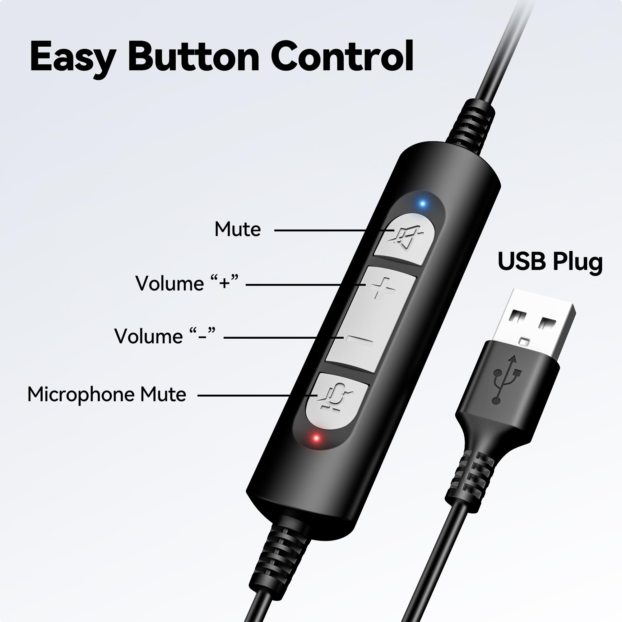 Noise Cancelling USB Headset with Microphone for PC & Laptop - Wired On-Ear Office Headphones with In-Line Volume Control - Ideal for Call Centers, Online Classes, Zoom Meetings, Skype Calls & Remote Work