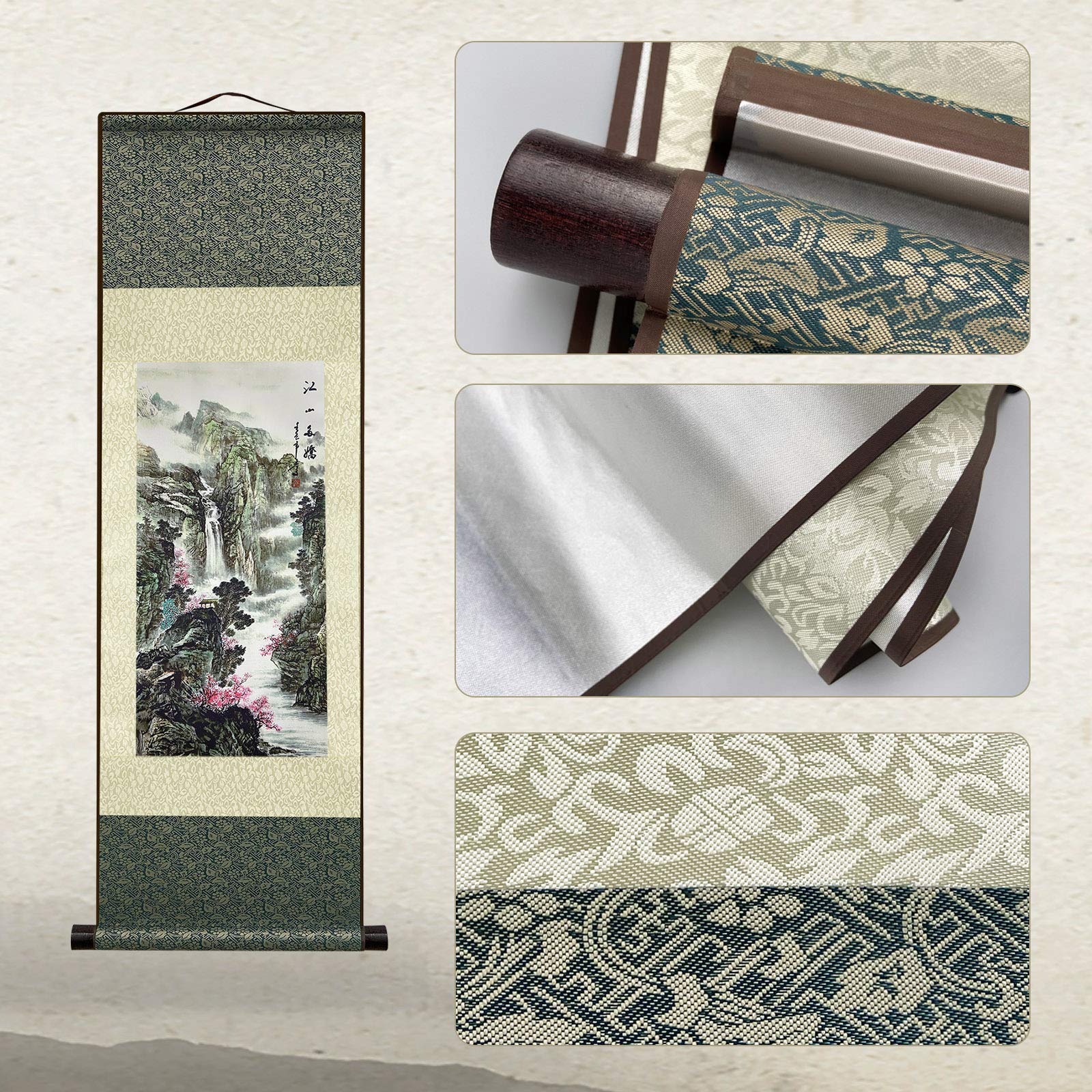 FOVNOT Chinese Landscape Silk Scroll Painting - Asian Home Decor, Vertical Wall Art for Living Room & Bedroom | Traditional Oriental Hanging Decor for Zen Meditation & Cultural Ambiance