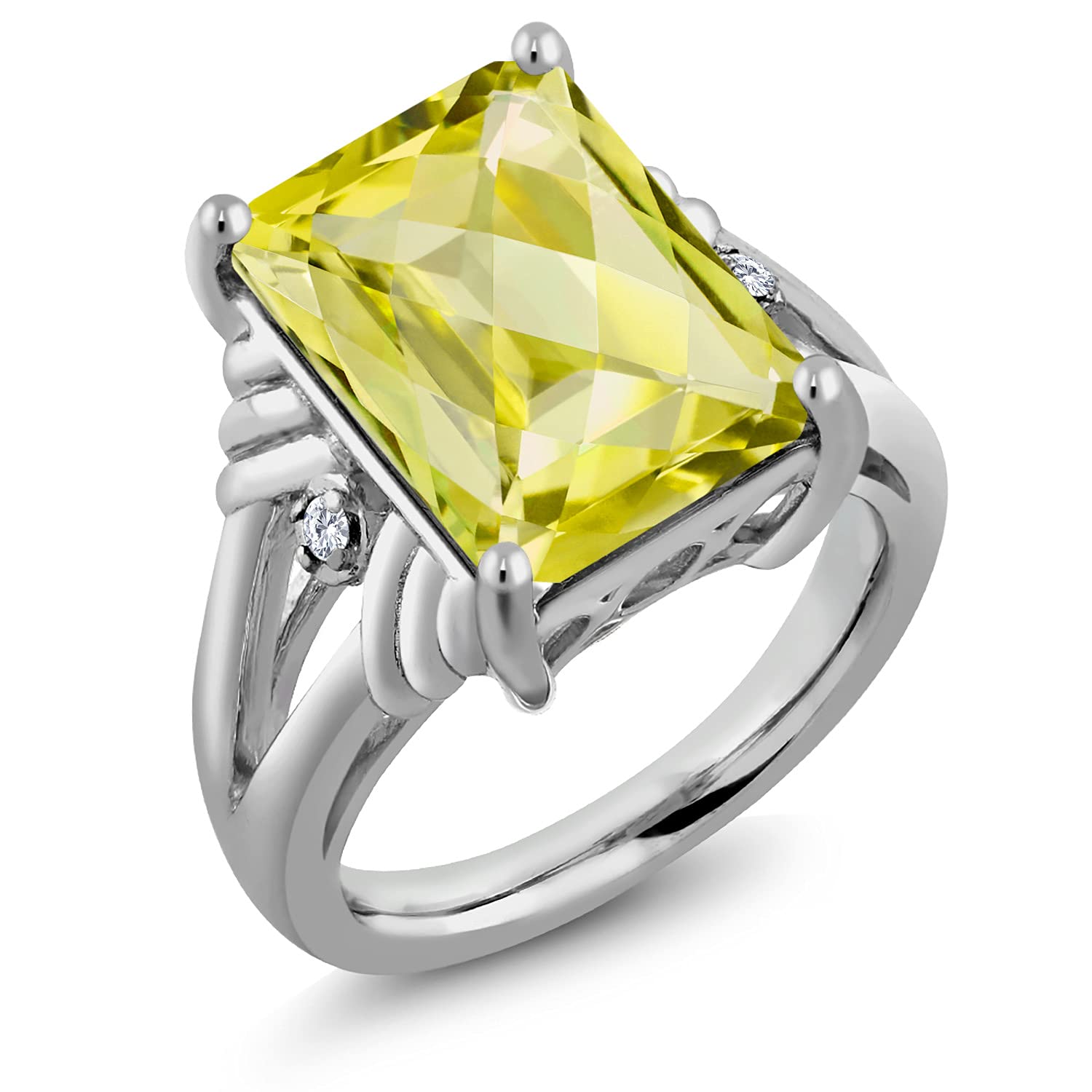 925 Sterling Silver Ring with Octagon/Checkerboard Yellow Lemon Quartz & King Created Moissanite (GH) 6.88 Cttw - Elegant Jewelry for Women, Perfect for Weddings, Anniversaries & Special Occasions