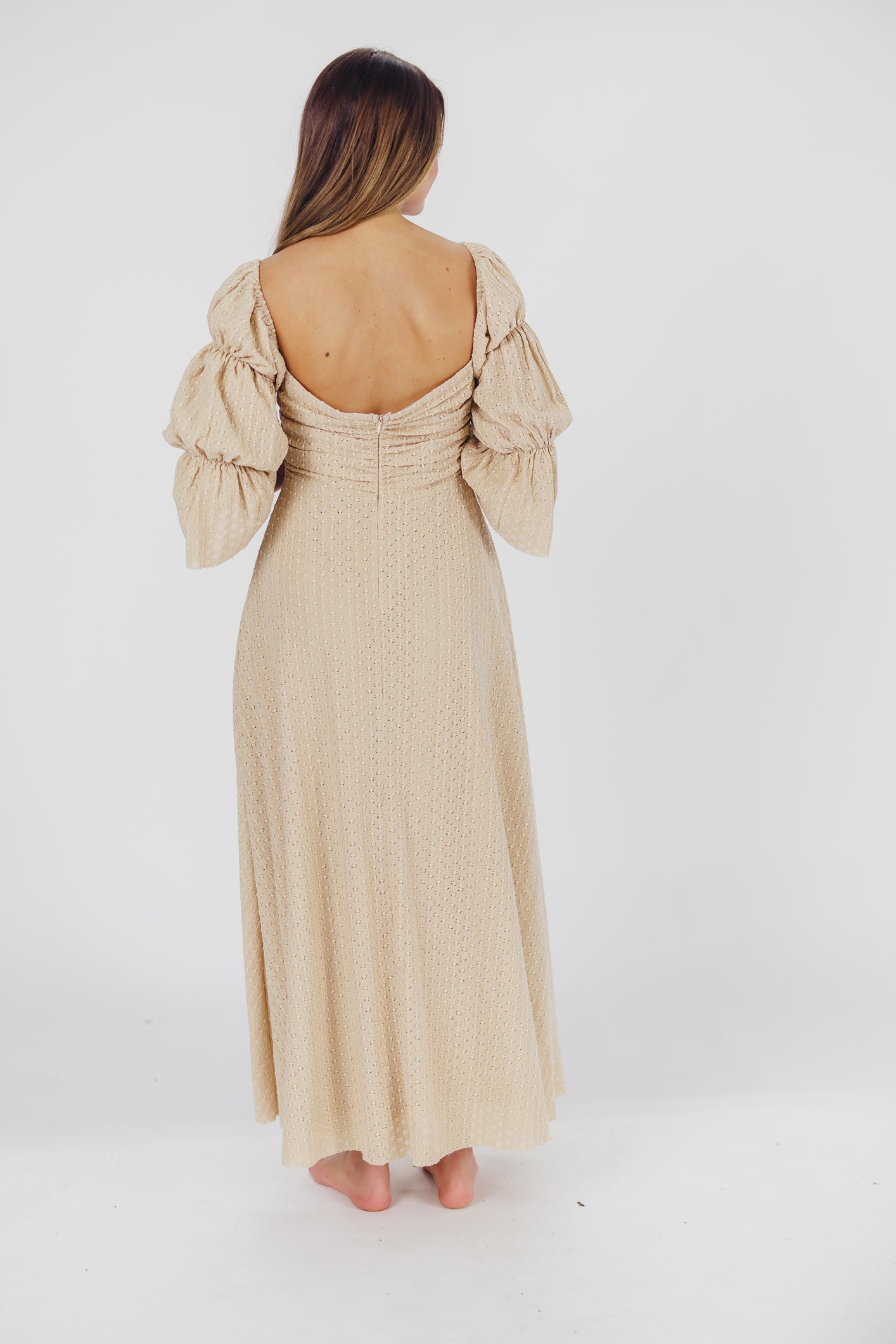 Corrine Tiered Sleeve Maxi Dress with Pockets - Bump Friendly Maternity Dress in Beige | Perfect for Pregnancy, Nursing, and Special Occasions