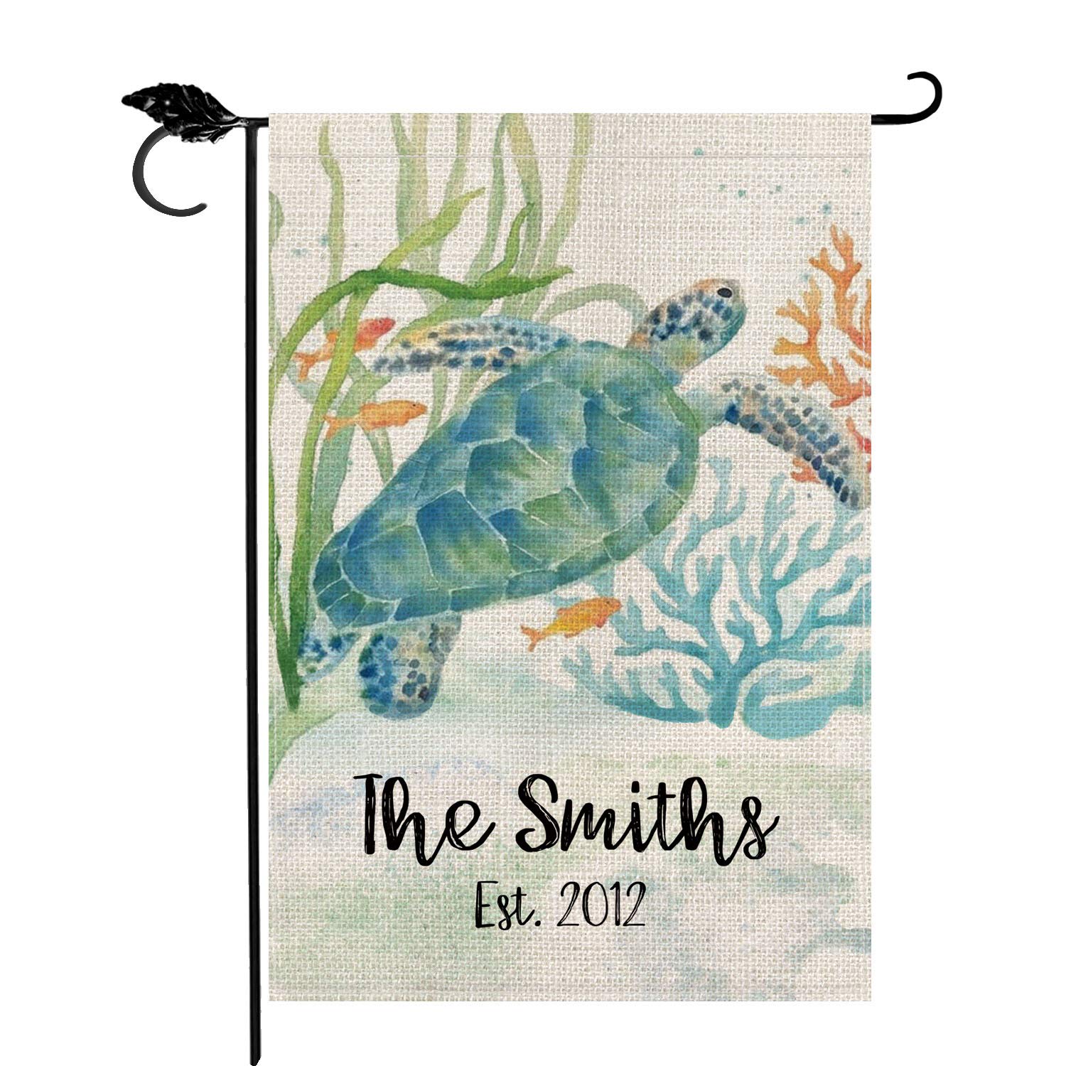 Custom Personalized Summer Garden Flag with Sea Turtle Design - Double Sided 12x18 Inch Rustic Farmhouse Burlap Yard Decor - Perfect for Outdoor Patio, Front Porch & Seasonal Home Decoration