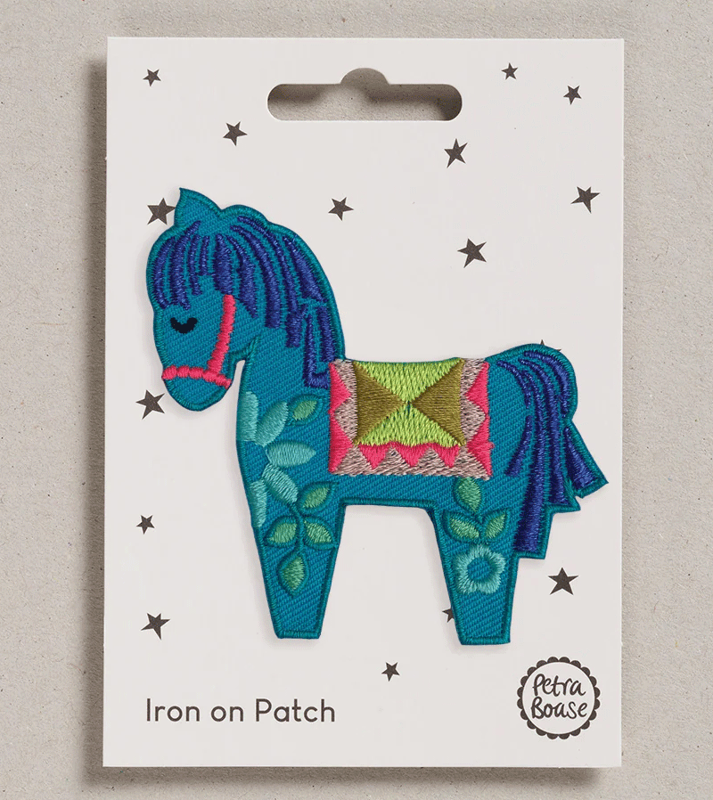 Dala Horse Iron-On Patch by Petra Boase - Swedish Folk Art Embroidered Applique for DIY Crafts, Jackets & Backpacks - Perfect for Scandi Home Decor & Festival Fashion