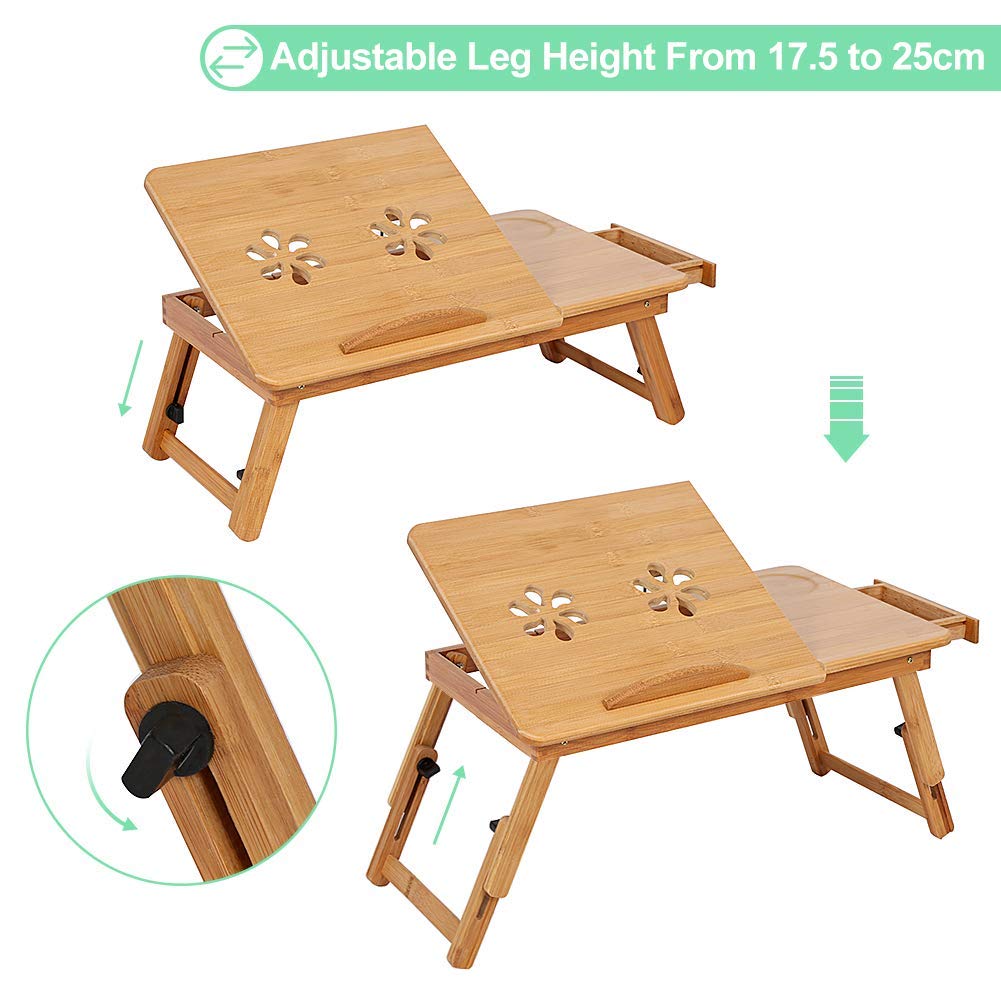 Adjustable Bamboo Laptop Desk with Drawer - Portable Bed Tray Stand for Home Office & Dorm - Perfect for Working, Studying, Drawing & Eating in Bed or on Sofa