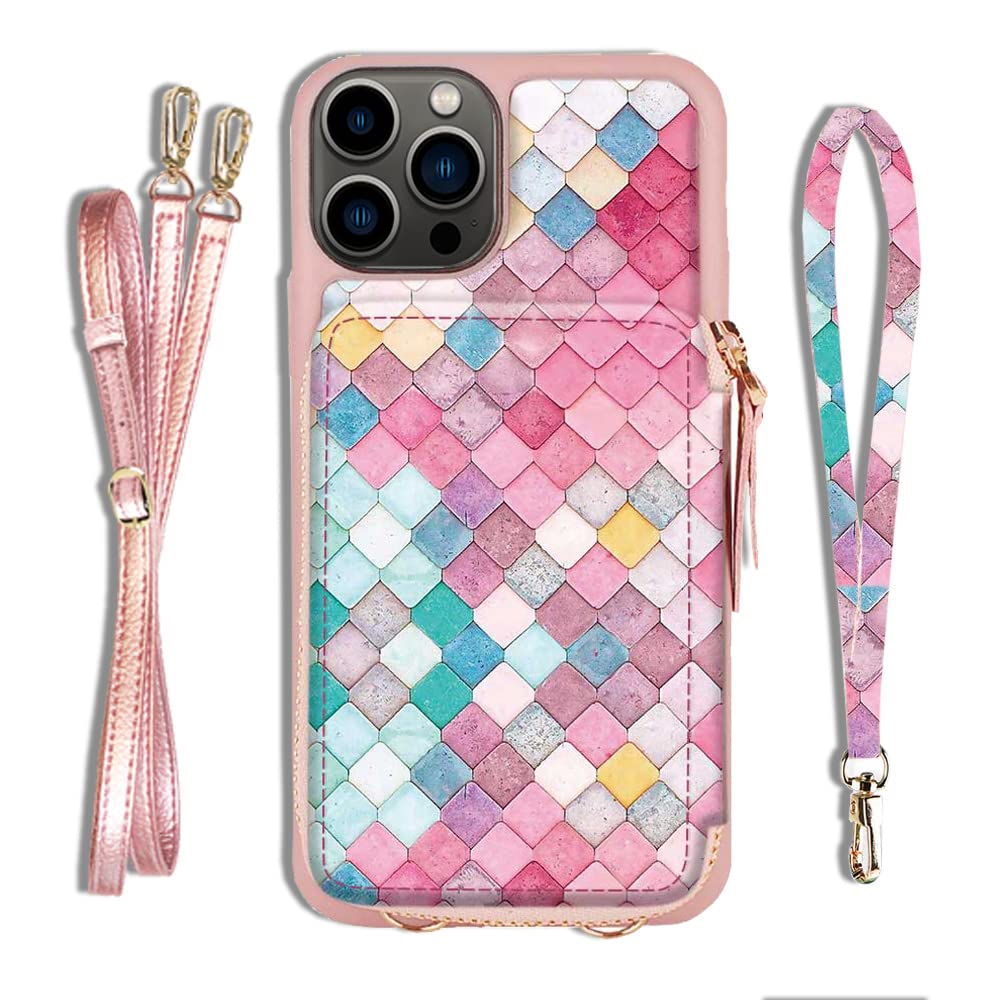 ZVE iPhone 13 Pro Max RFID Blocking Wallet Case with Zipper, Card Holder & Wrist Strap - Crossbody Phone Purse for Women (6.7 inch) - Mermaid Wall Design - Perfect for Travel, Shopping & Daily Use