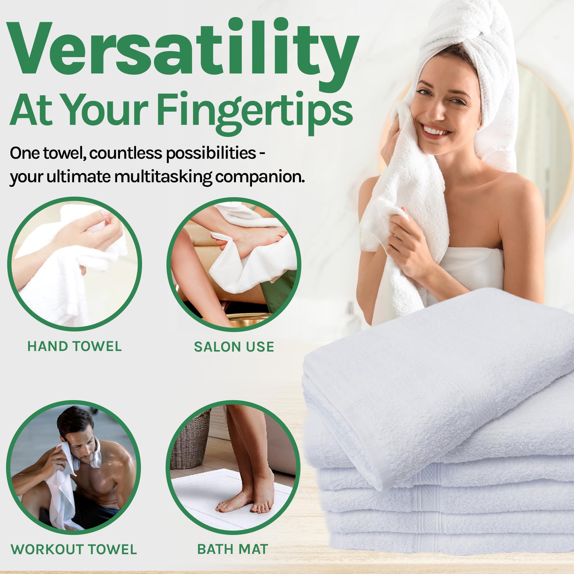12 Pack Soft White Gym & Bath Towels 22x44 Inches - 100% Ring Spun Cotton Lightweight Towel Set for Home, Gym, Hotels, Salon - Quick Dry Absorbent Towels for Sports, Spa, Hair & Nail Care