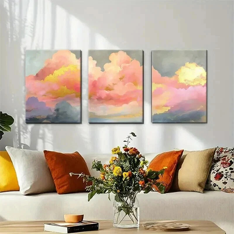 3-Piece Abstract Cloud Landscape Pink Gold Wall Art Set - Framed Canvas 50x70cm (20x28in) | High Quality Print | 100% Australian Made | Ready to Hang | Perfect for Living Room, Bedroom & Office Decor