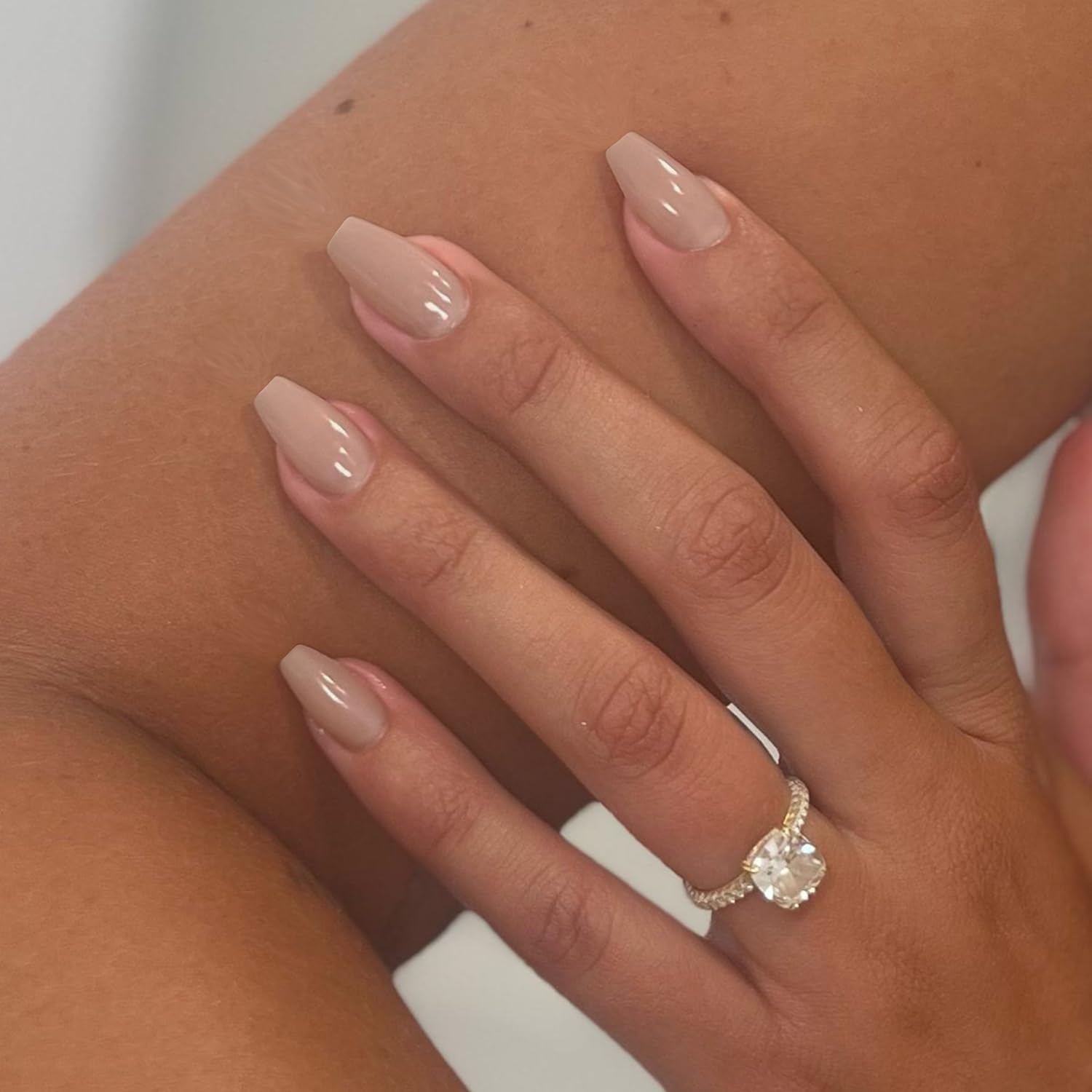 Beige Short Coffin Press on Nails - Medium Coffin Fake Nails for Women | T-Shaped Acrylic False Nails with Glue | Natural Handmade Gel Nails for Everyday Wear & Special Occasions