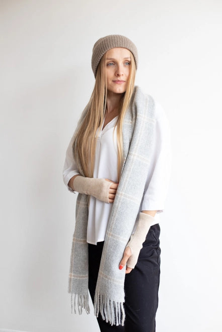 Soft Wool Scarf - Light Grey & Tan Check Plaid Pattern - Warm Winter Fashion Accessory for Women & Men - Perfect for Cold Weather, Office, Travel & Outdoor Activities
