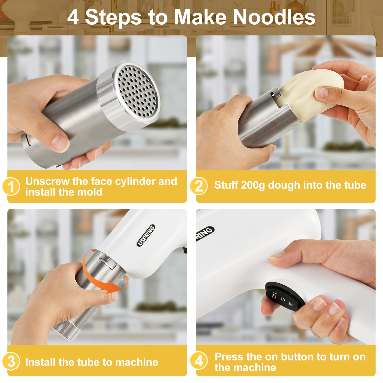 Uspring 5-in-1 Cordless Electric Pasta Maker Machine - Handheld Automatic Noodle Press with Dough Cutter for Homemade Spaghetti, Fettuccine & More - Portable Pasta Maker for Kitchen, Camping & Small Spaces (White)