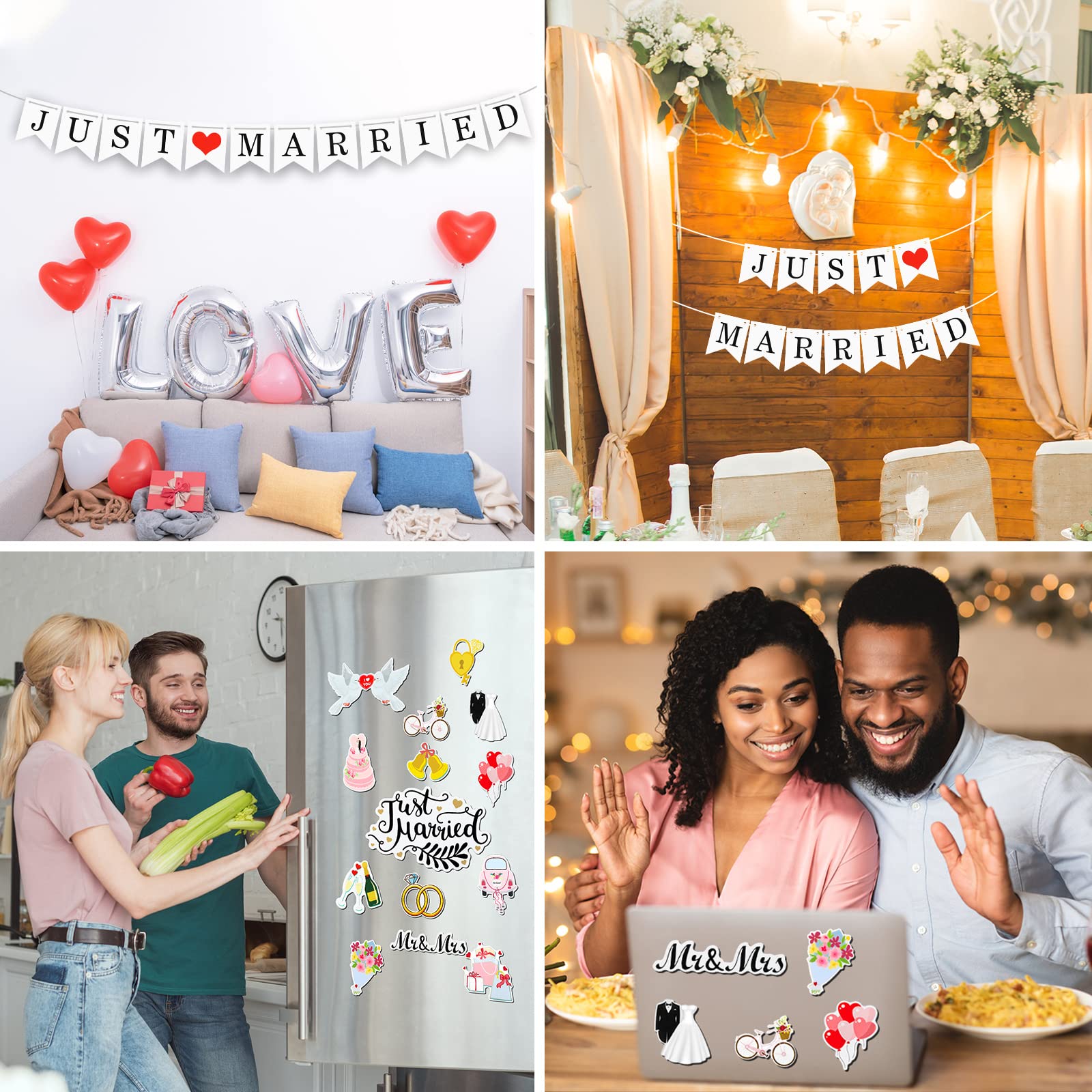 16 Pcs Just Married Car Decorations Kit - 14 Ornate Car Magnets, Window Decal & Cardstock Sign Banner | Wedding Decor for Cars, Bridal Shower & Honeymoon Photo Props | Perfect for Newlyweds' Getaway & Celebration