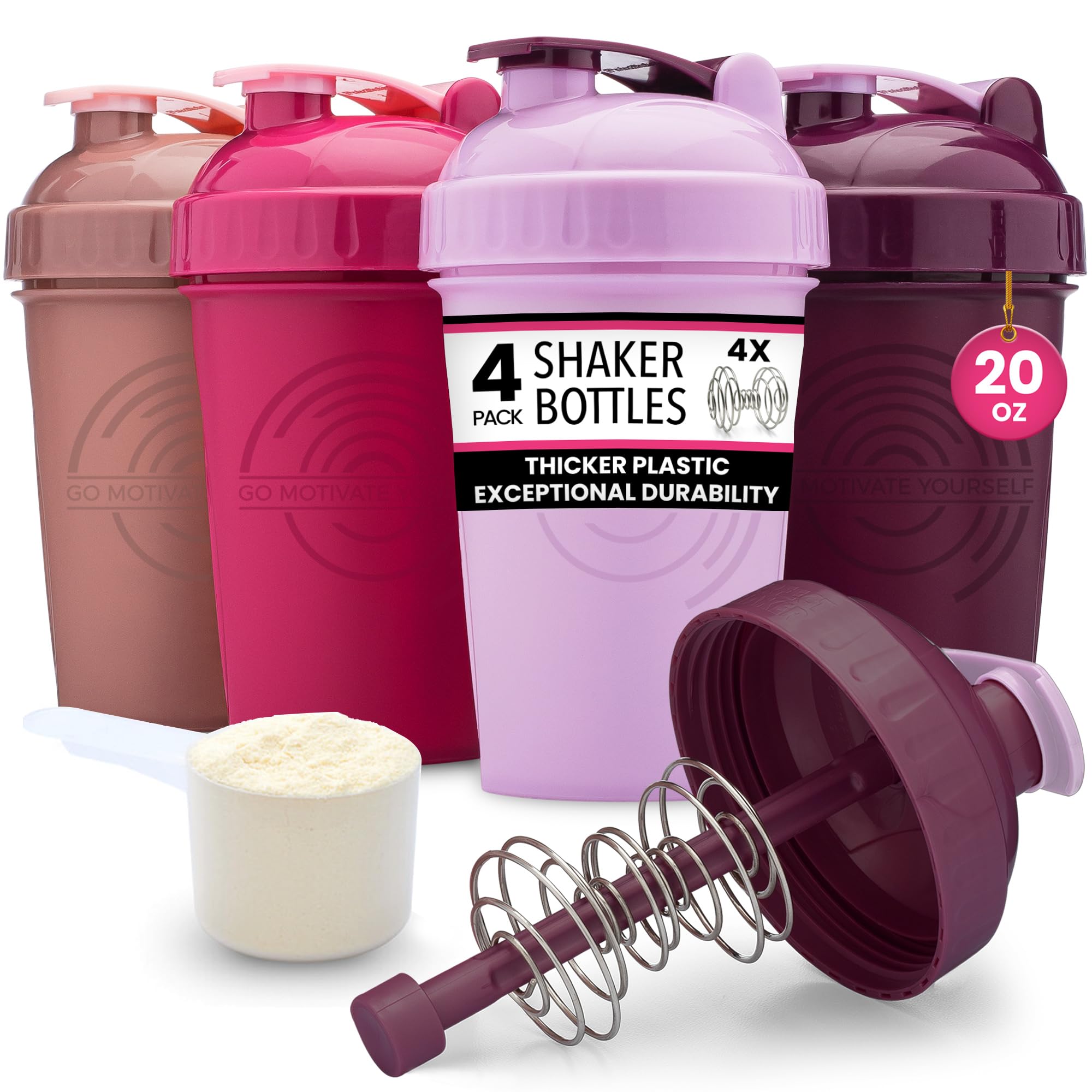 GOMOYO 20 oz Protein Shaker Bottles 4-Pack - Leakproof Blender Bottle for Women with 4 Wire Whisk Mixers - Dishwasher Safe BPA-Free Gym Shaker Cup Set in Pink & Purple - Perfect for Protein Shakes, Pre-Workout Drinks & Smoothies