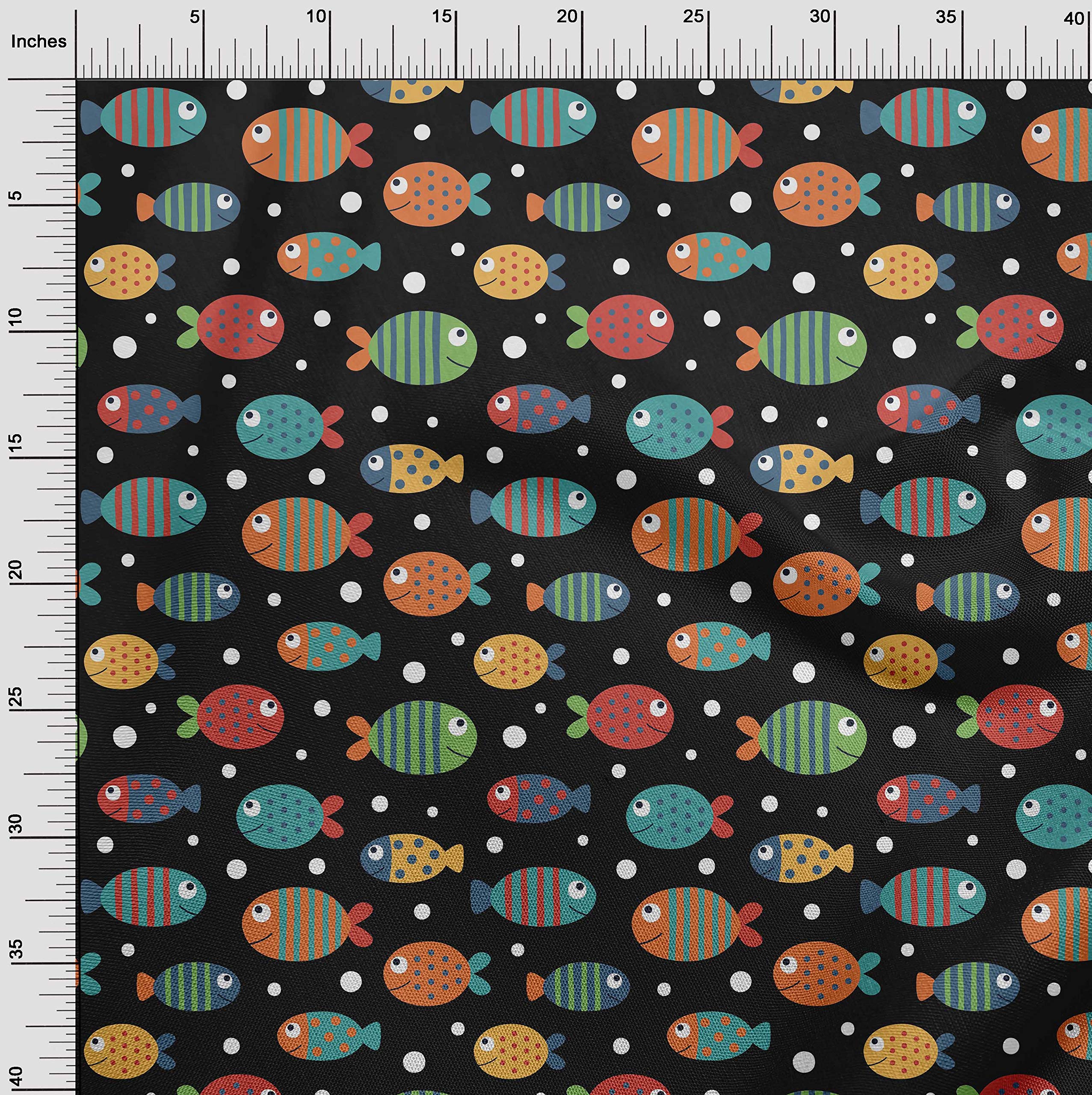 Premium 100% Cotton Poplin Twill Fabric - Black with Artistic Dot & Fish Print - 56 Inch Wide Dress Material by The Yard | Perfect for DIY Dresses, Skirts & Home Decor Projects