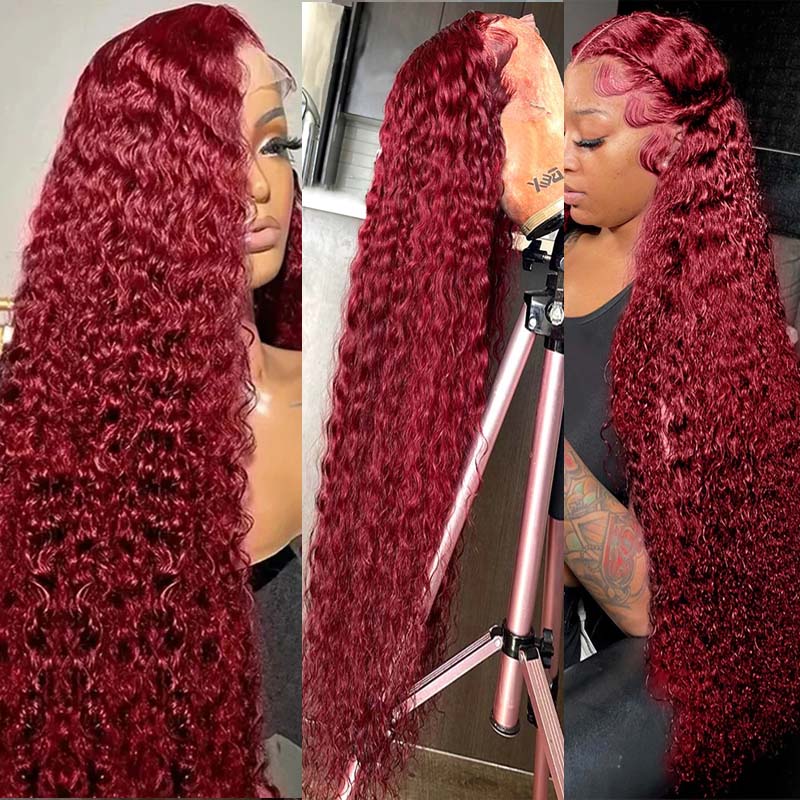 **28inch Pre-Colored Human Hair Curly Wig - Burgundy/Brown/Highlight 13x4 Lace Frontal Wig | Natural Look & Heat Resistant | Perfect for Cosplay, Parties & Daily Wear**