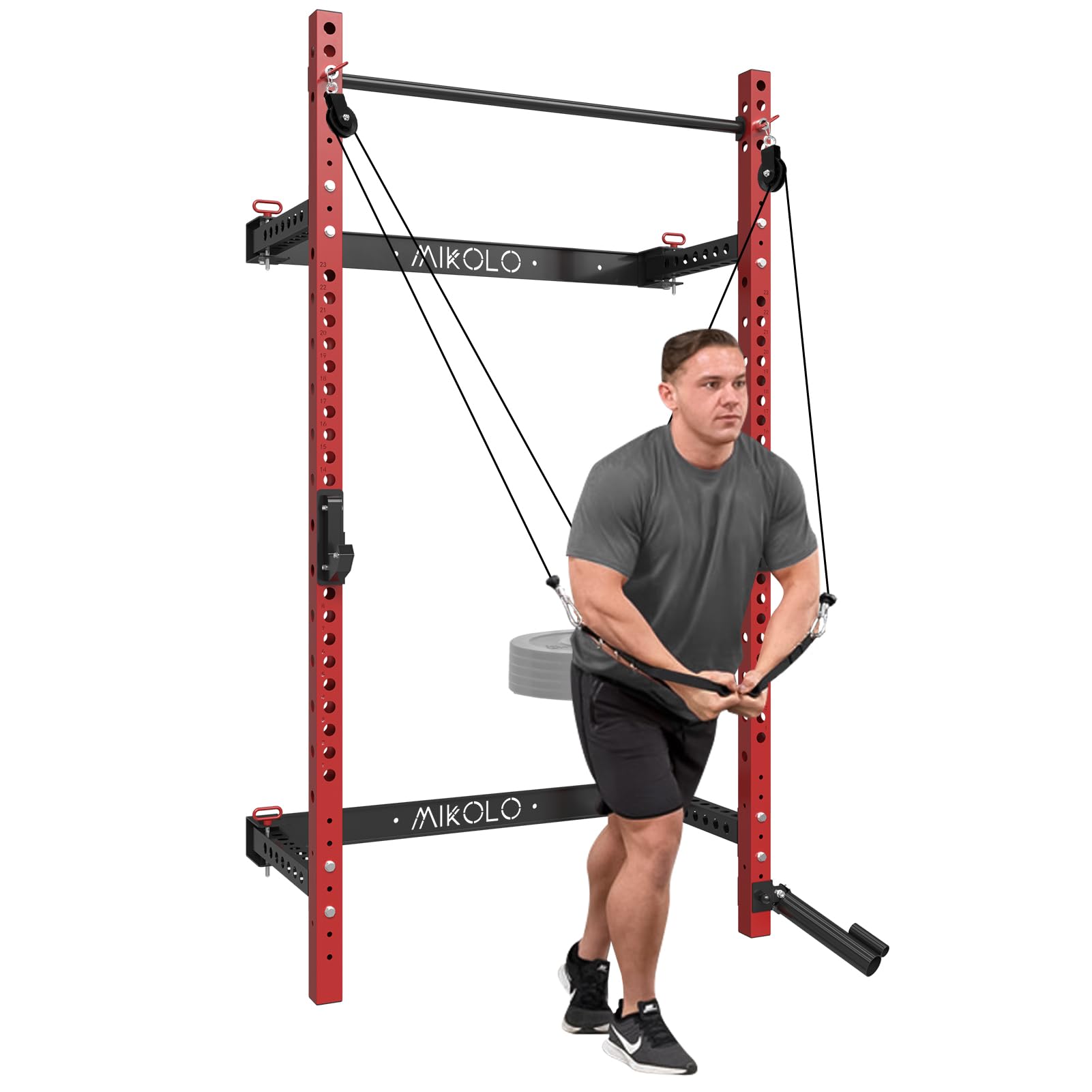 Mikolo Wall Mounted Squat Rack - Foldable Power Cage with Lat Pulldown & Cable Crossover System, Adjustable Pulley Home Gym Equipment for Strength Training & Weightlifting | Perfect for Small Spaces & Home Workouts